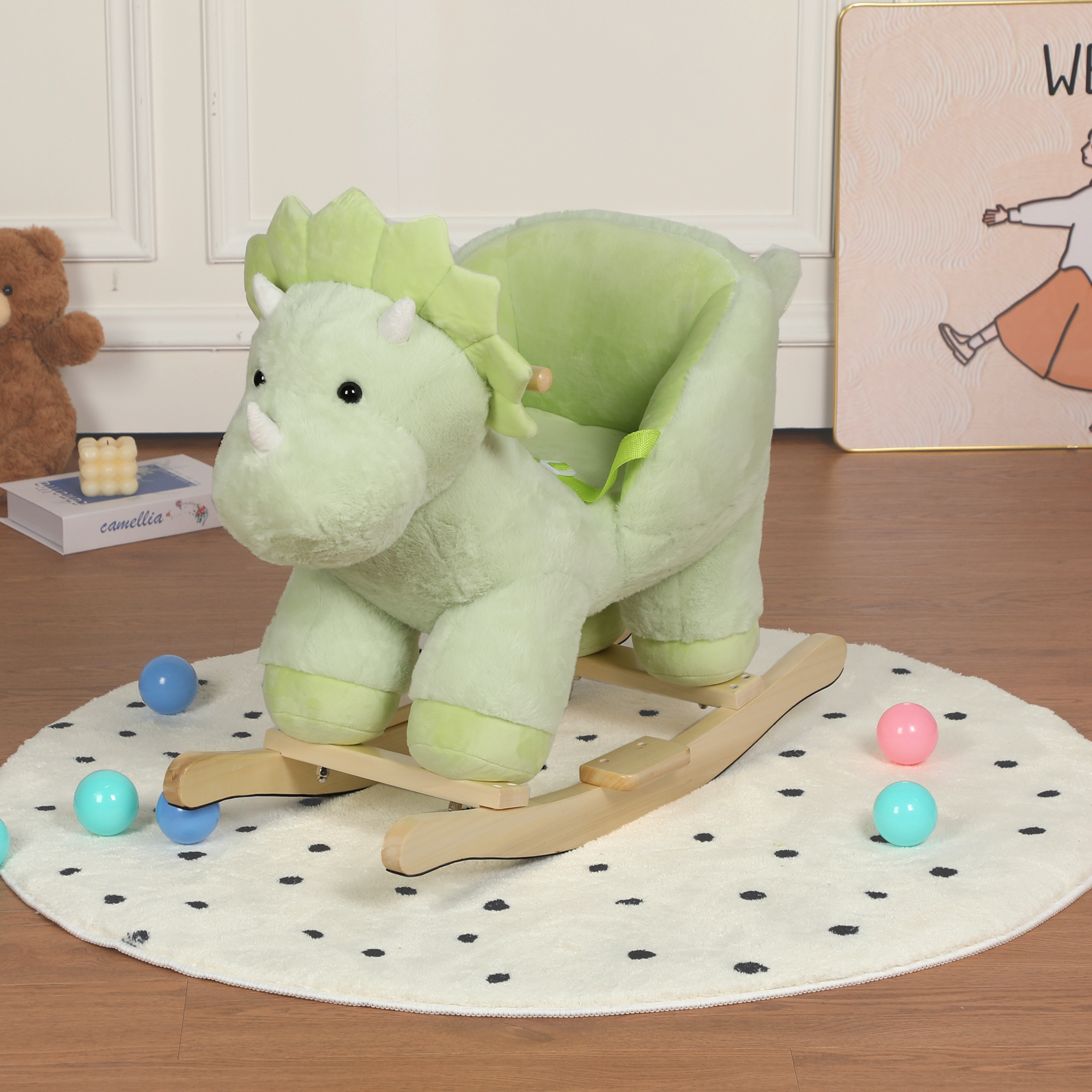 Kids Ride-On Rocking Horse Toy With Lullaby Song,Dinosaur Rocking Toy With Hand Puppets And Safety Belt For Children 1-3 Years, Soft Plush Fabric ,Green,CPC Certified - Image 1