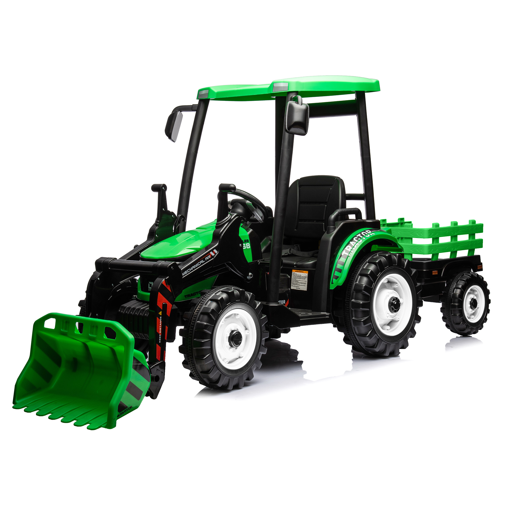 24V Kids Ride On Tractors With Parent Remote Control, Pedal Tractors With Working Loader And Backhoe Digger, Kids' Ride On Car Toys 24V Battery Powered Electric Vehicles With Trailer, Digger Green