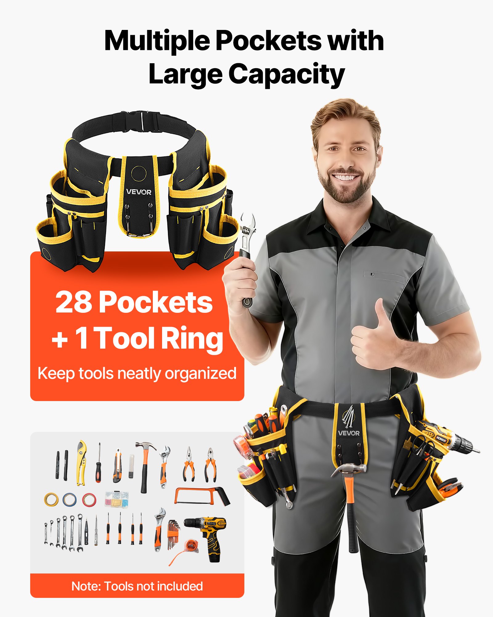 Tool Belt, Magnetic Tool Pouch For Men, 28 Pockets Heavy Duty Adjustable Utility Belt Detachable Work Bag For Electrician, Carpenter, Construction, Work Apron Organizer, Waist Adjust 31 To 48in