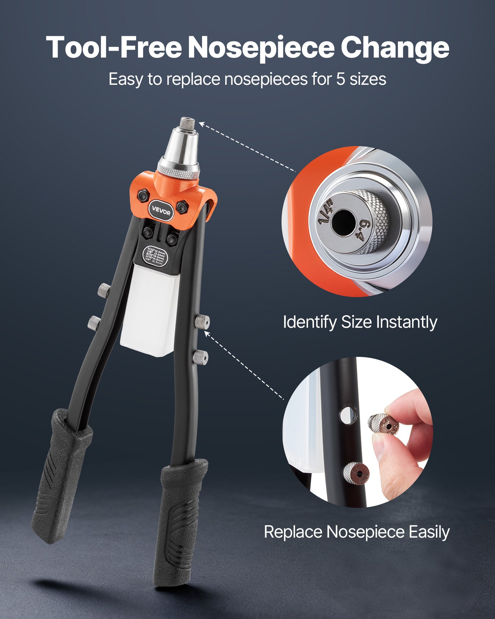 Pop Rivet Gun Kit, With 230 Blind Rivets, Two-Handed Riveter With 5 Interchangeable Nosepieces, 5 Drill Bits, And A Carrying Case, Manual Riveting Tool For Metal, Automotive, Home, And DIY