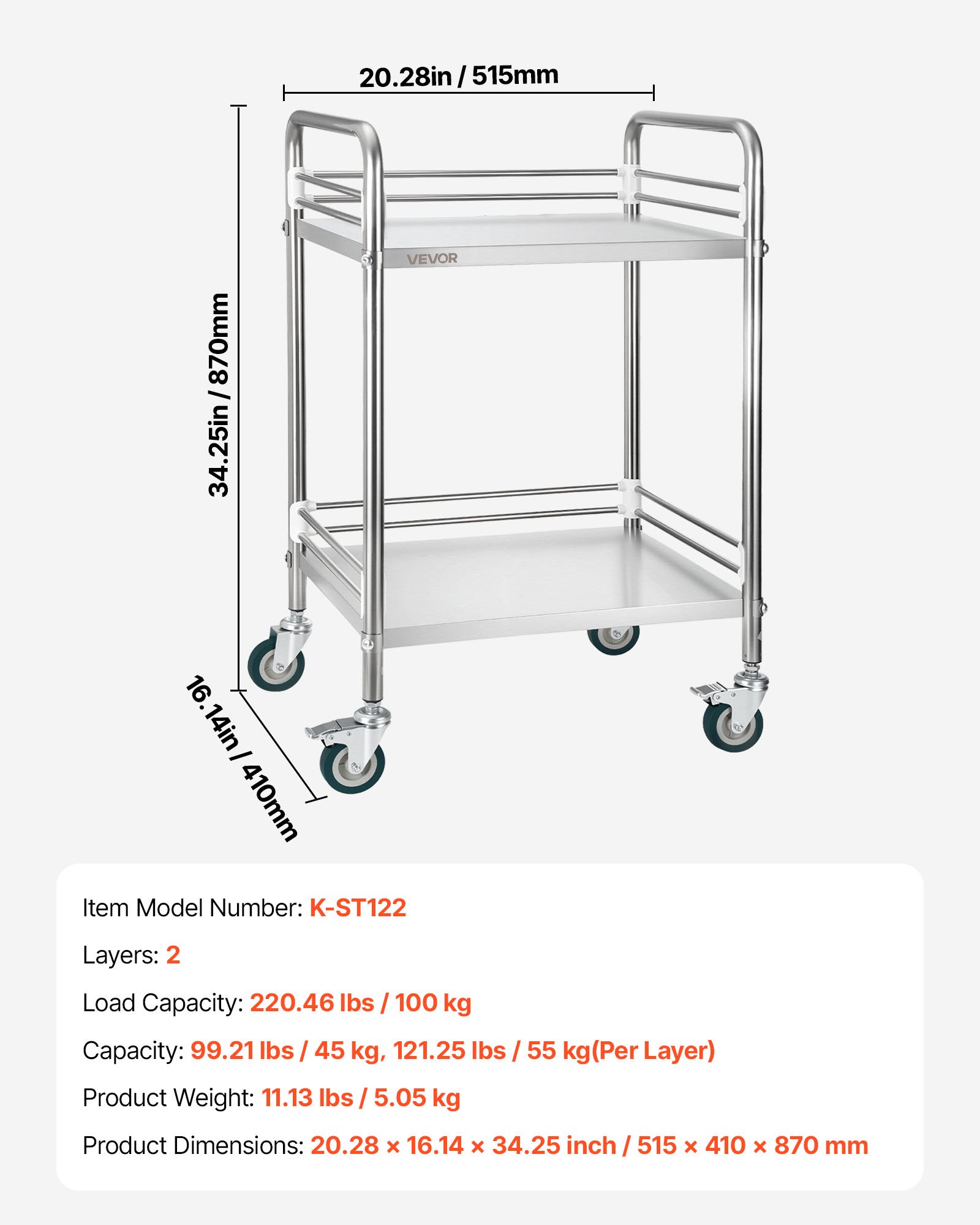 Stainless Steel Cart, 2-Tier Rolling Lab Utility Cart With Lockable Wheels, Medical Serving Trolley Clinic Tray, Heavy Duty Mobile Service Storage Tray For Hospital, Restaurant, Kitchen, Salon - imagen 1