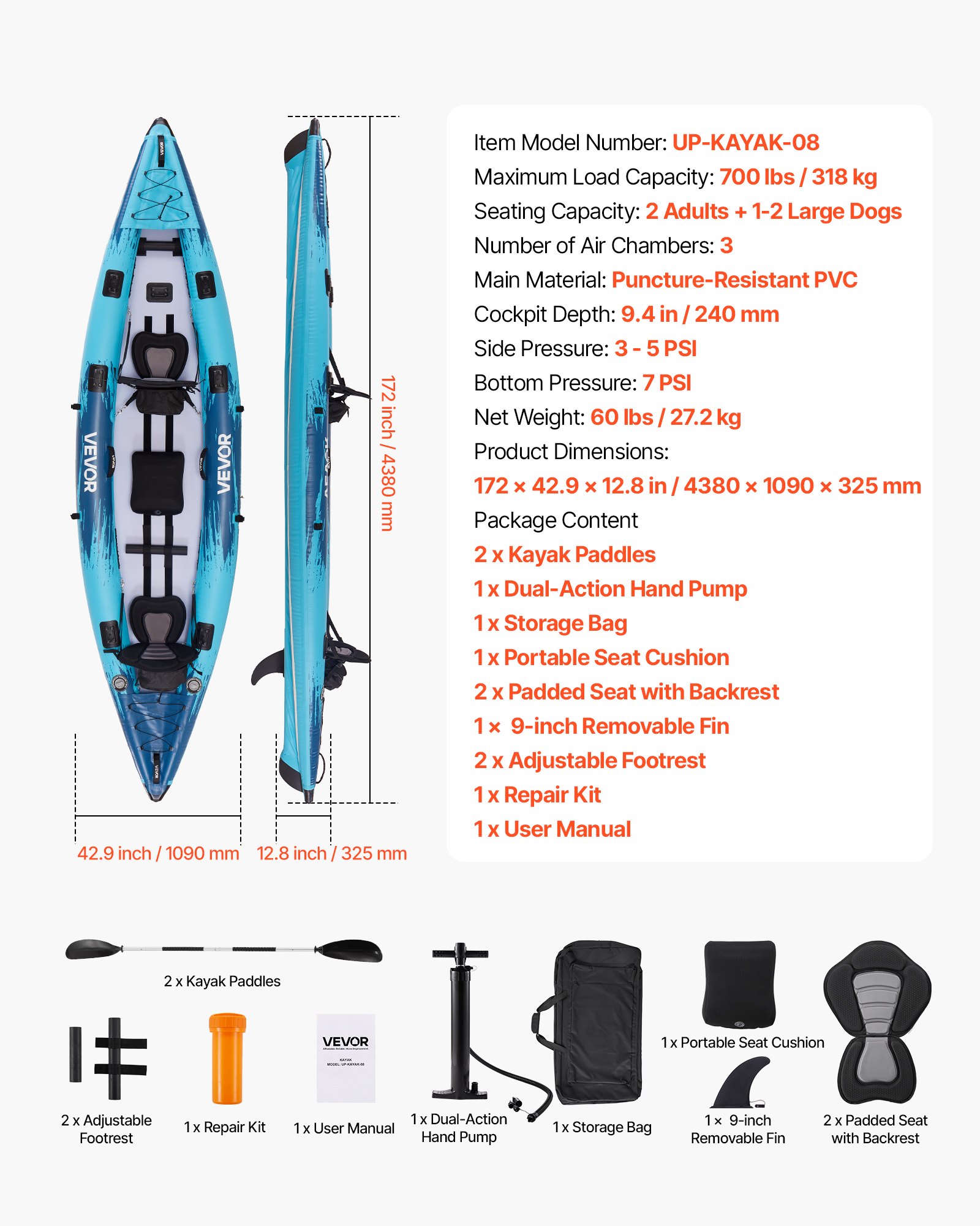 Inflatable Kayak, 2-Person Inflatable Recreational Kayak 700LBS Capacity, Leak & Puncture-Resistant With Padded Seat, PVC Drop-Stitch Floor, 2 Paddles, Hand Pump & Carry Bag For Fishing Camping