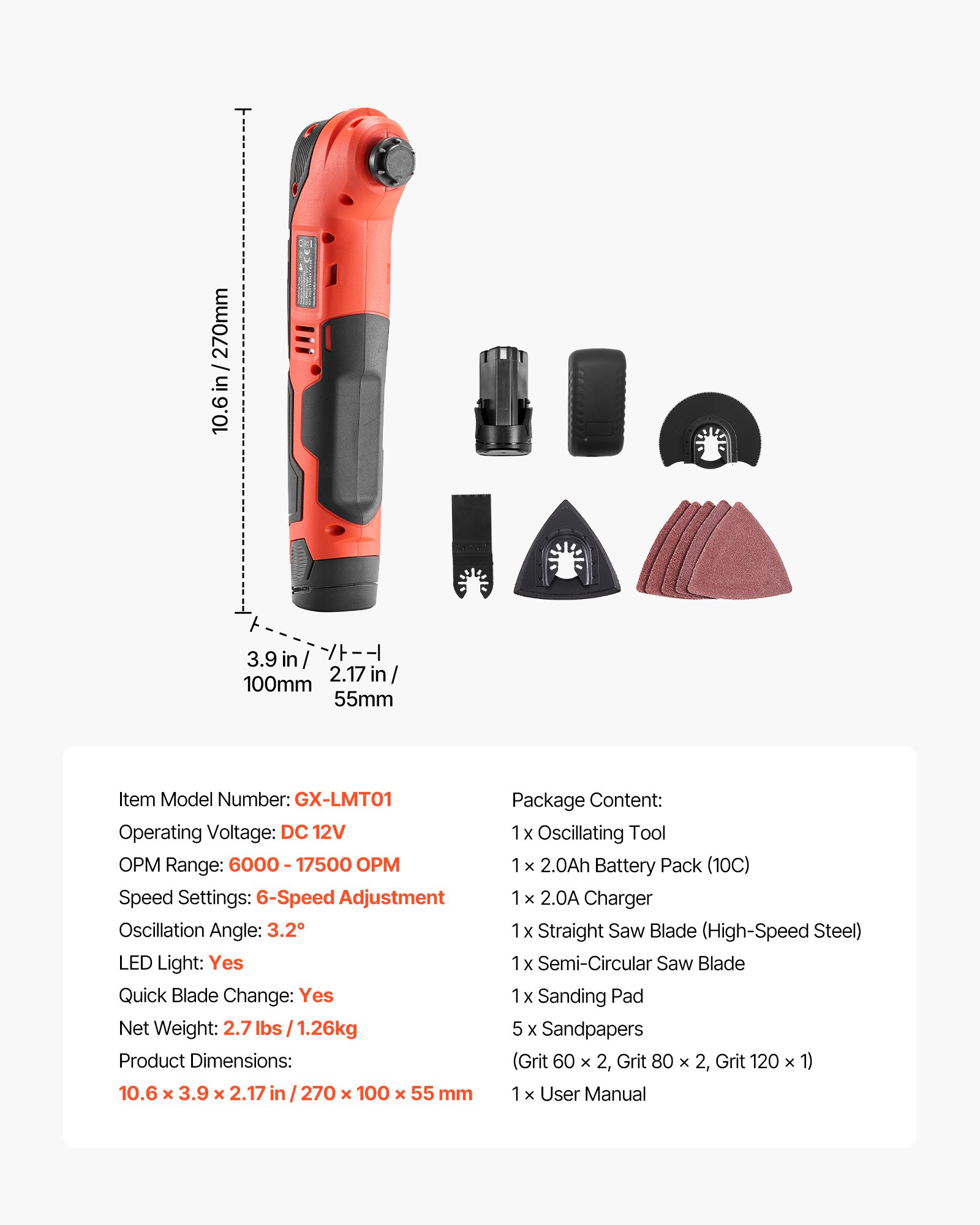 Cordless Oscillating Tool, 12V Multitool Oscillating Saw Tool With 6 Variable Speeds 6000 - 17500 OPM, 3.2° Oscillation Angle, 2.0Ah Battery Pack & Charger, 8PCS Saw Accessories & LED Work Light_voghion.com