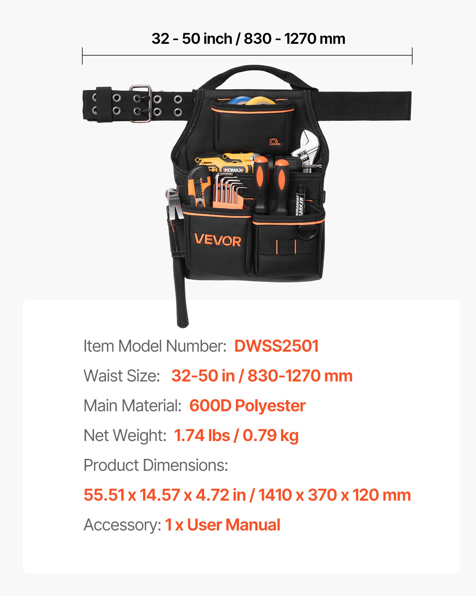 Tool Pouch With Belt, 14 Pockets Professional Tool Belt Pouch For Men, Heavy Duty Detachable Adjustable Utility Work Bag For Electrician, Carpenter, Construction, Adjusts Waist 32 To 50 Inches - Image 1
