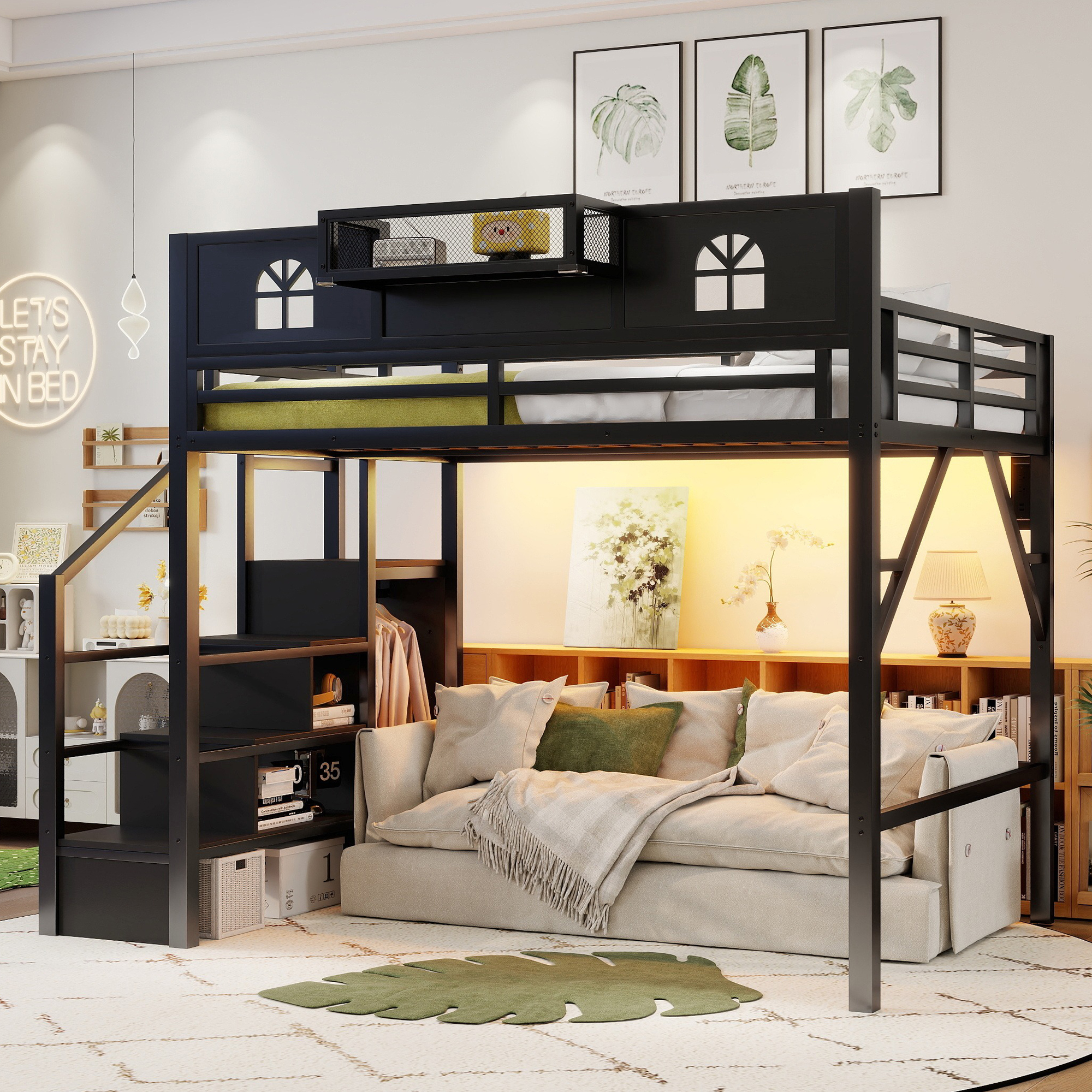 Full Size Loft Bed With Stairs, Metal Full Loft Bed With High And House Shaped Guardrails, High Loft Bed With Wardrobe For Kids Teens, Black