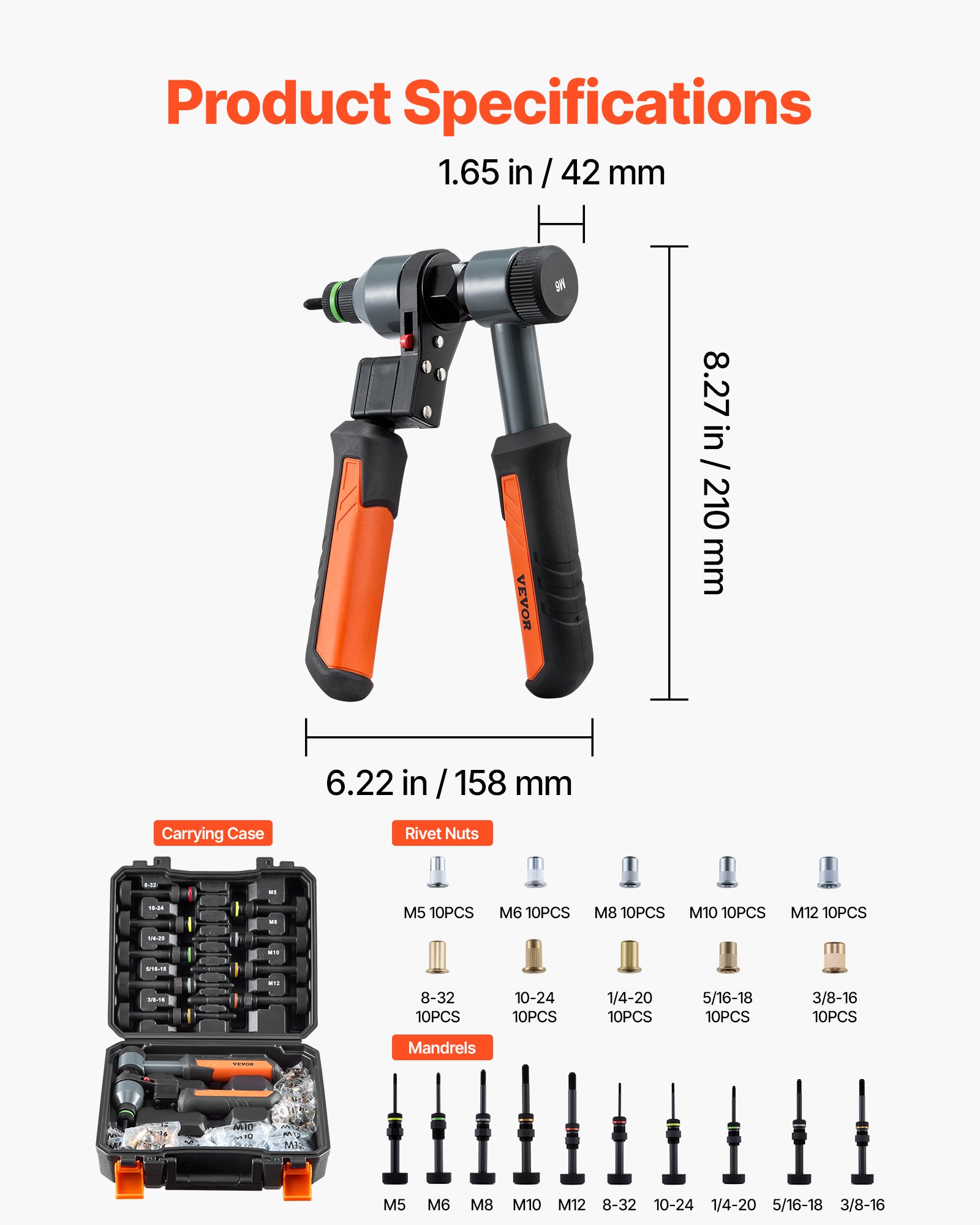 Rivet Nut Tool Kit, 9-Inch Ratchet Rivnut Tool Kit, With 10 Mandrels And 100 Nuts, Metric And SAE Size M5, M6, M8, M10, M12, 8-32, 10-24, 1/4-20, 5/16-18, 3/8-16 UNC, With A Rugged Carrying Case - Image 1