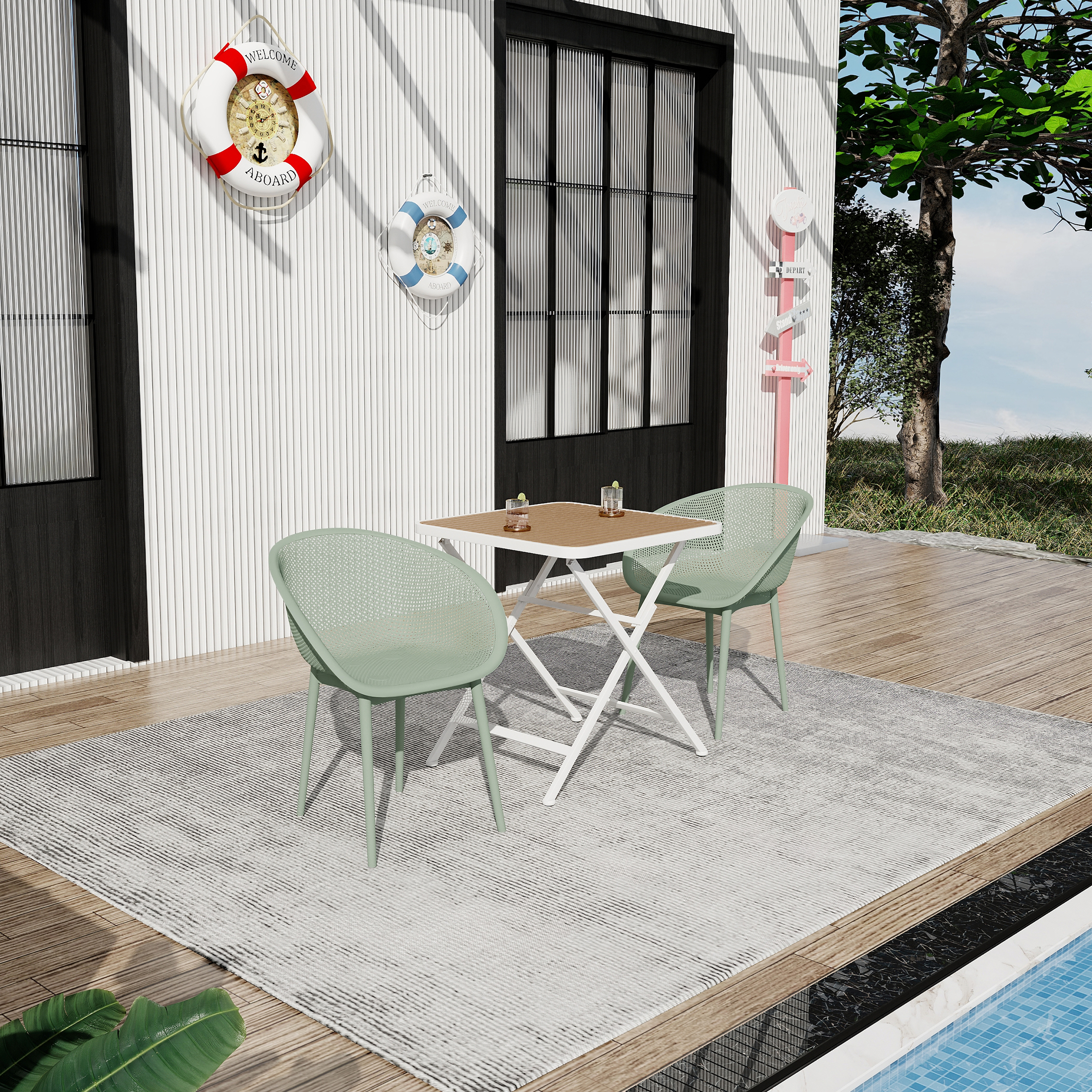 Holiday - 2-Pack Pale Green Modern Lounge Chairs  Indoor Outdoor All-Weather PP Plastic With Modern Folding Indoor Outdoor Multi-functional Square Table- PP Tabletop With Metal Legs White, Khaki