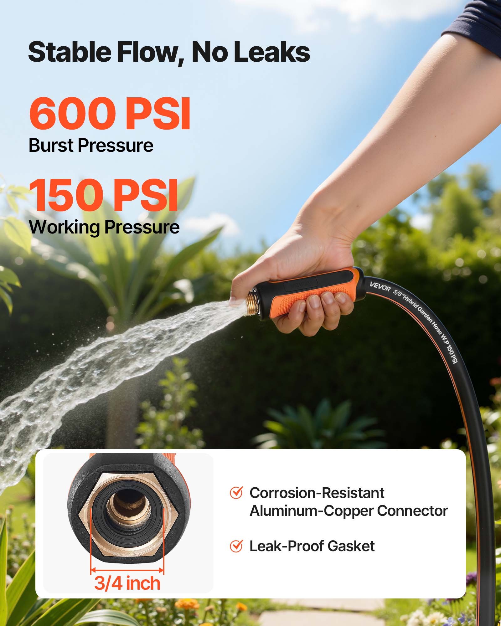 Garden Hose, 50 Ft 5/8" Heavy Duty 4-Layer Rubber Water Hose, 150PSI Working & 600PSI Burst, Flexible & Non-kink Outdoor Waterhose With 3/4" Fitting, Lightweight Hoses For Gardening Cleaning