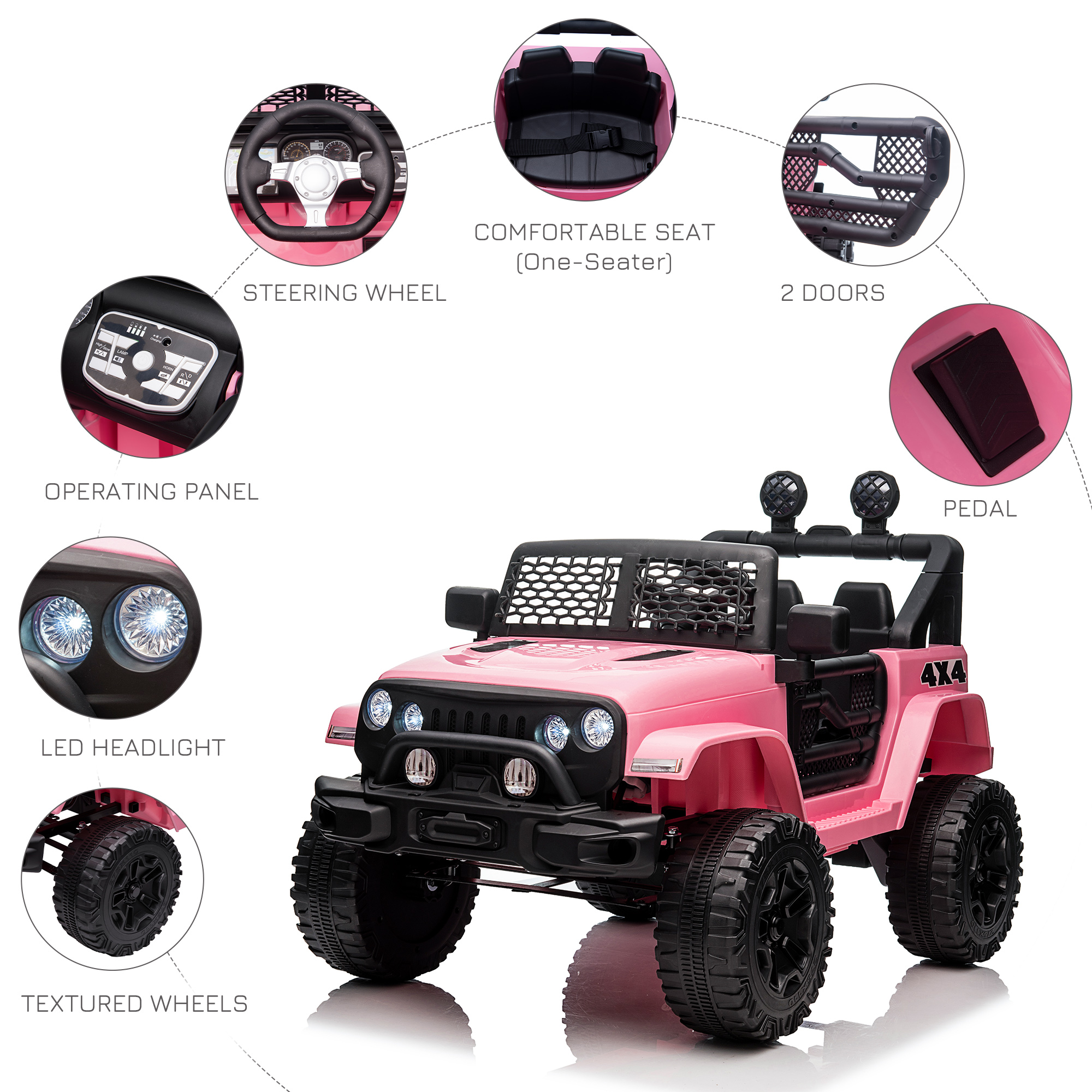 Aosom 12V Kids Ride On Truck With Parent Remote Control, Electric Battery Powered Toy Car With Spring Suspension, Adjustable Speed, LED Lights And Horn, Pink