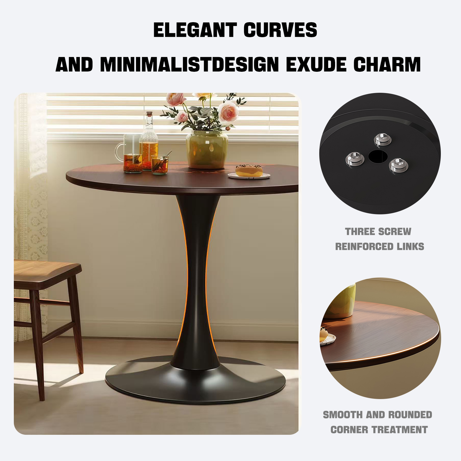 Walnut Color Round Table, 31.5 Modern Dining Table, Dining Table,MDF Top And Steel Base Tulip Round Kitchen Table,Kitchen Table, Mid Century Coffee Table For Living Room, Oval Dining Table