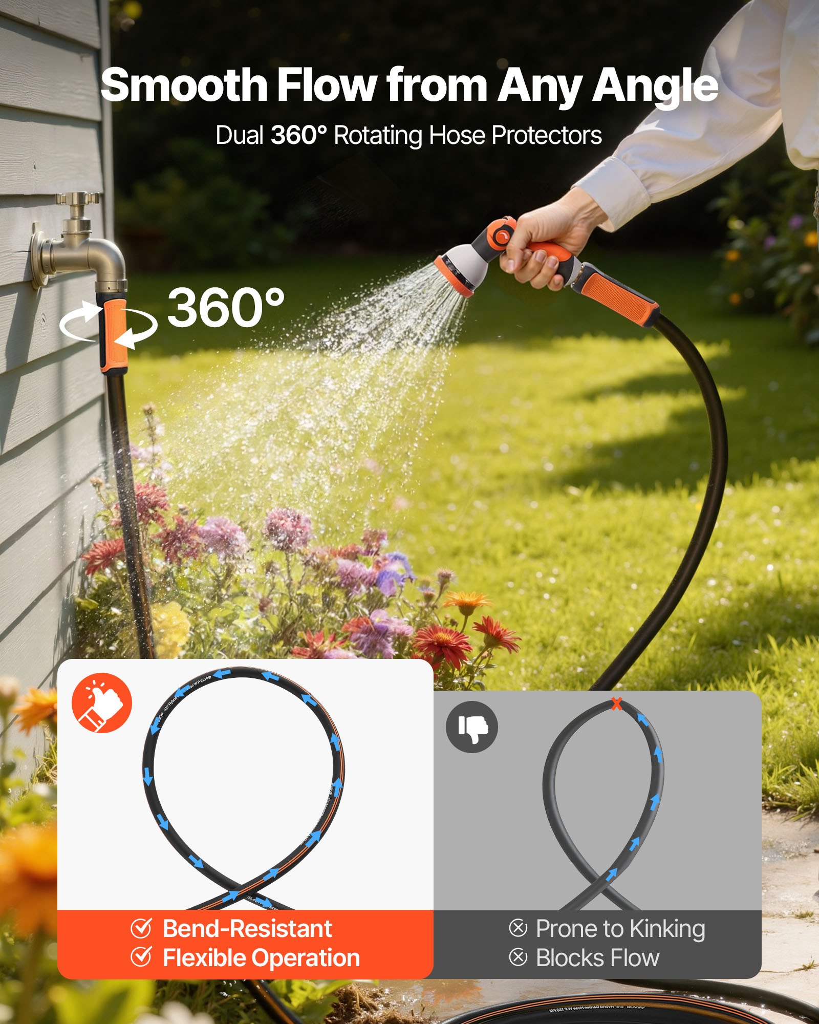 Garden Hose, 200 Ft 5/8" Heavy Duty Rubber Water Hose With 10 Mode Nozzle, 150PSI Working & 600PSI Burst, Flexible & Non-kink Outdoor Waterhose With 3/4" Fitting, Lightweight Hoses For Gardening