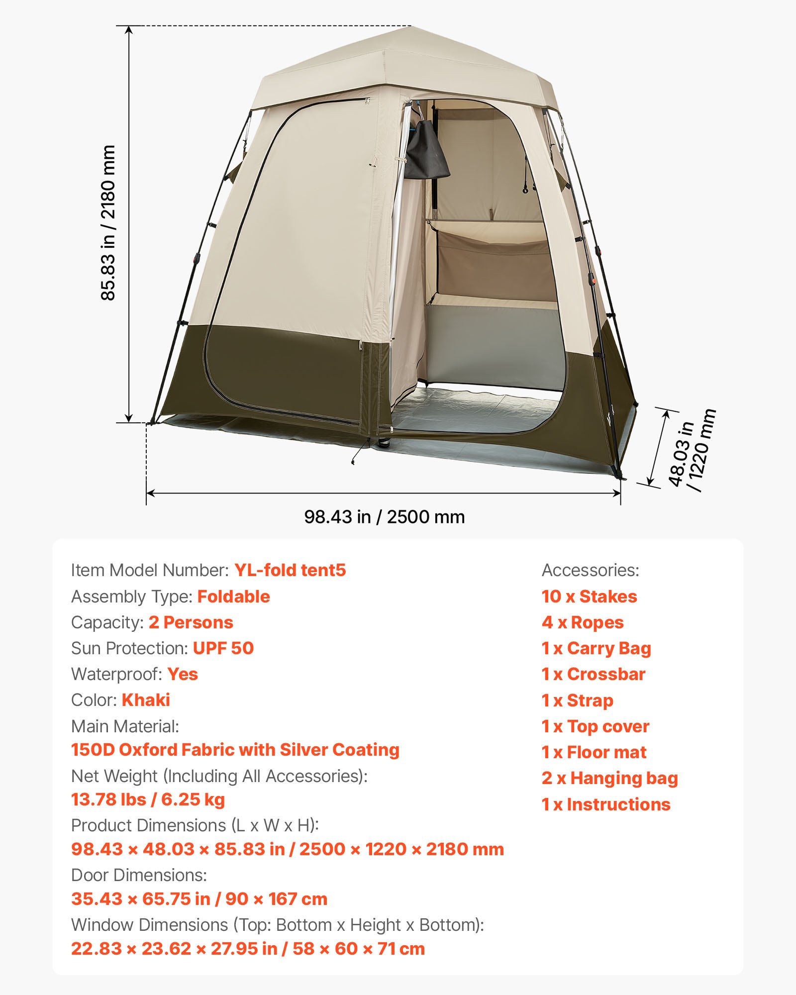 Camping Shower Tent, 2-Room Foldable Privacy Tent Changing Room With Ground Stakes, Ropes, Carry Bag, And Crossbar, 150D Oxford Fabric With Silver Coating, For Camping, Beach, And Fishing
