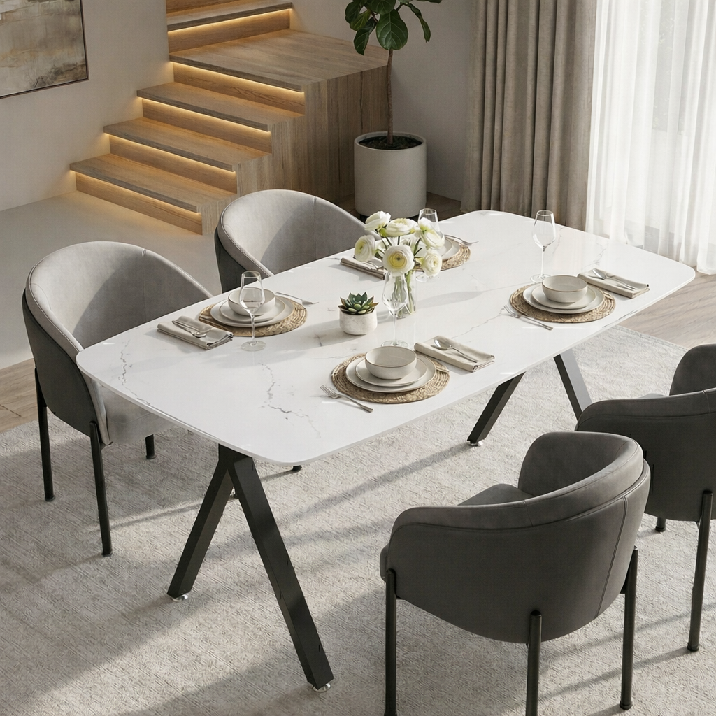 Rectangular Dining Table Featuring A Tempered Glass Tabletop With A Marble-patterned Design And Black Metal Legs, Ideal For Restaurant Dining Settings. - Image 1