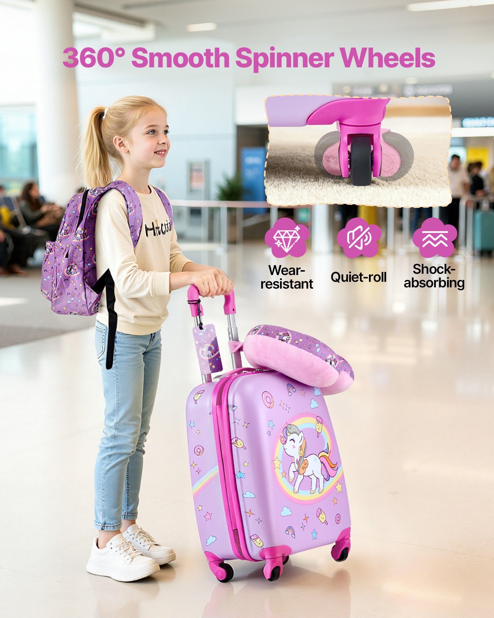 Kids Luggage Set, 5 Piece, 18 Inch Hardside Rolling Wheels Suitcase With Backpack & U-shape Pillow… image 4