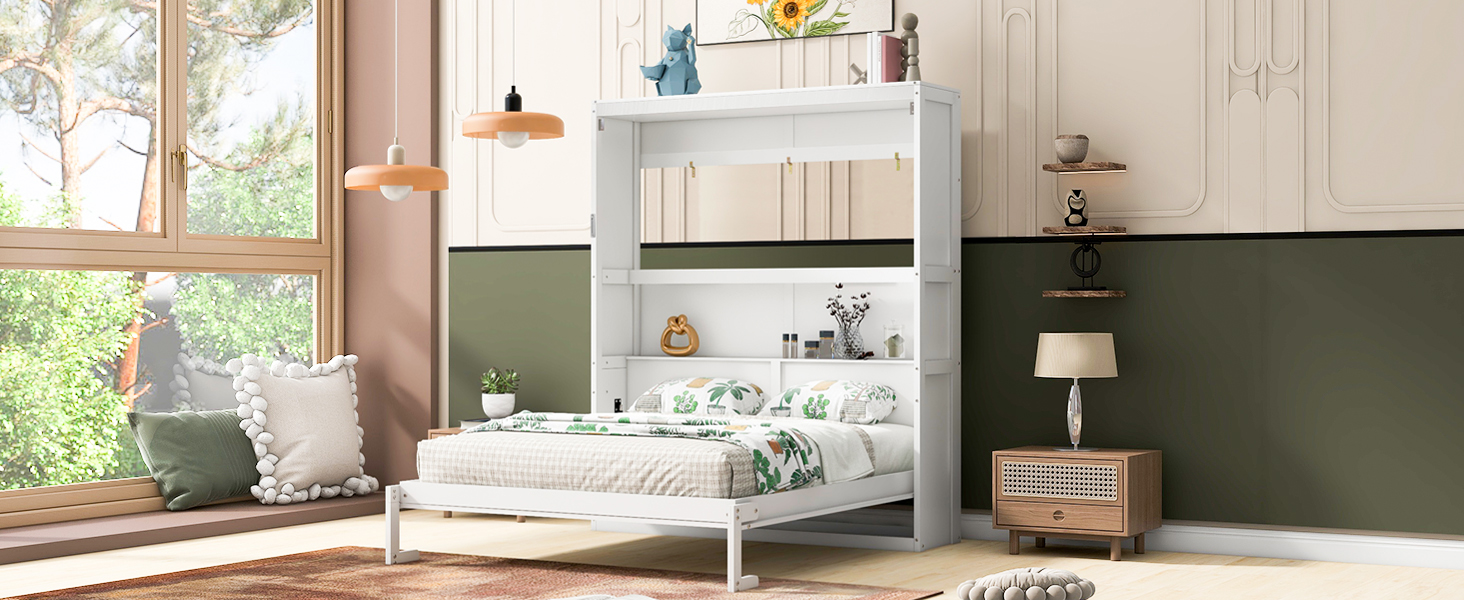 Queen Size Murphy Bed Wall Bed With Shelves,White_voghion.com