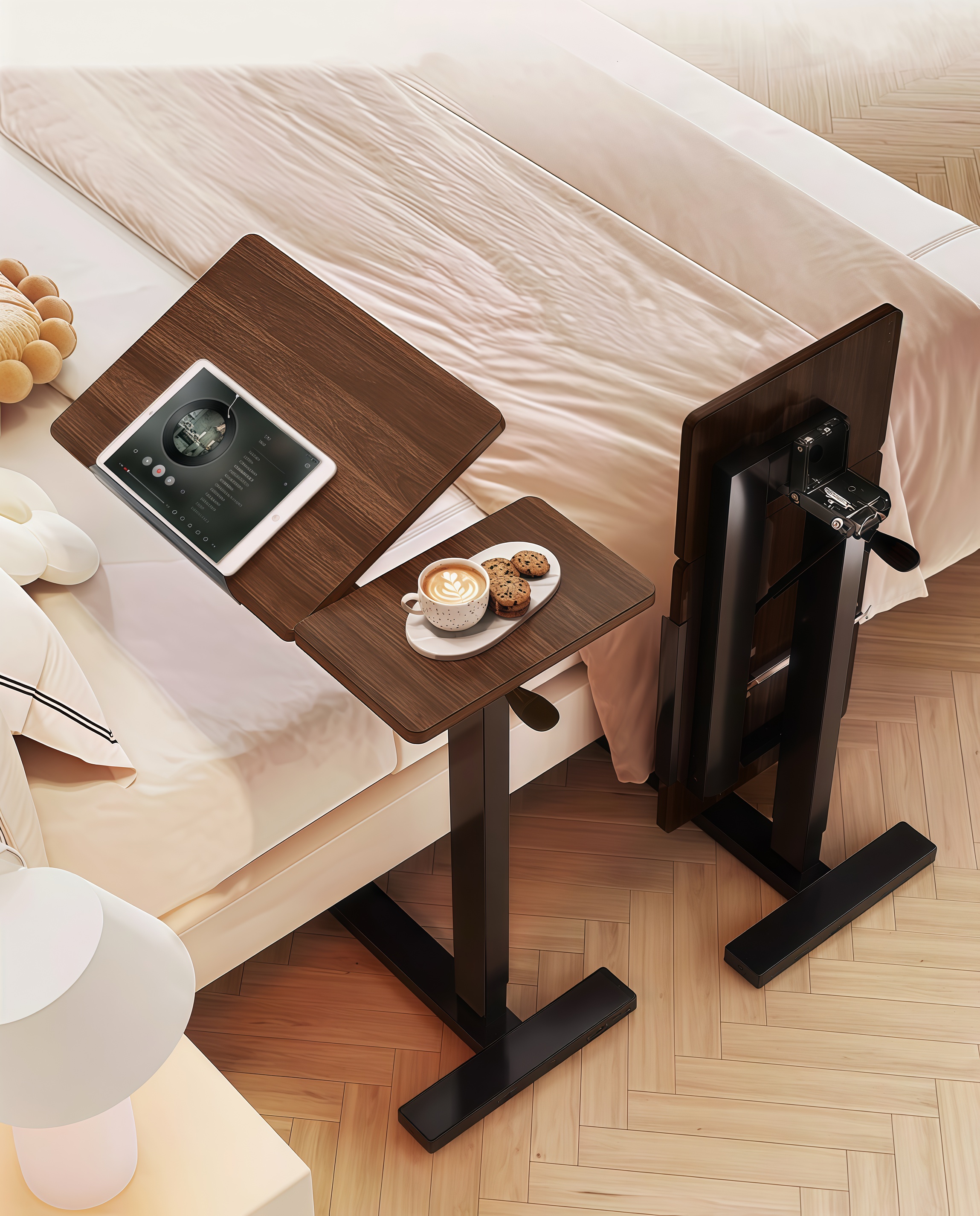 UPGRADED Overbed Bedside Desk, Mobile Rolling Laptop Stand Tilting Overbed Table With Wheels, Height Adjustable Tray Bedside Table For Laptop Bed Sofa, WALNUT
