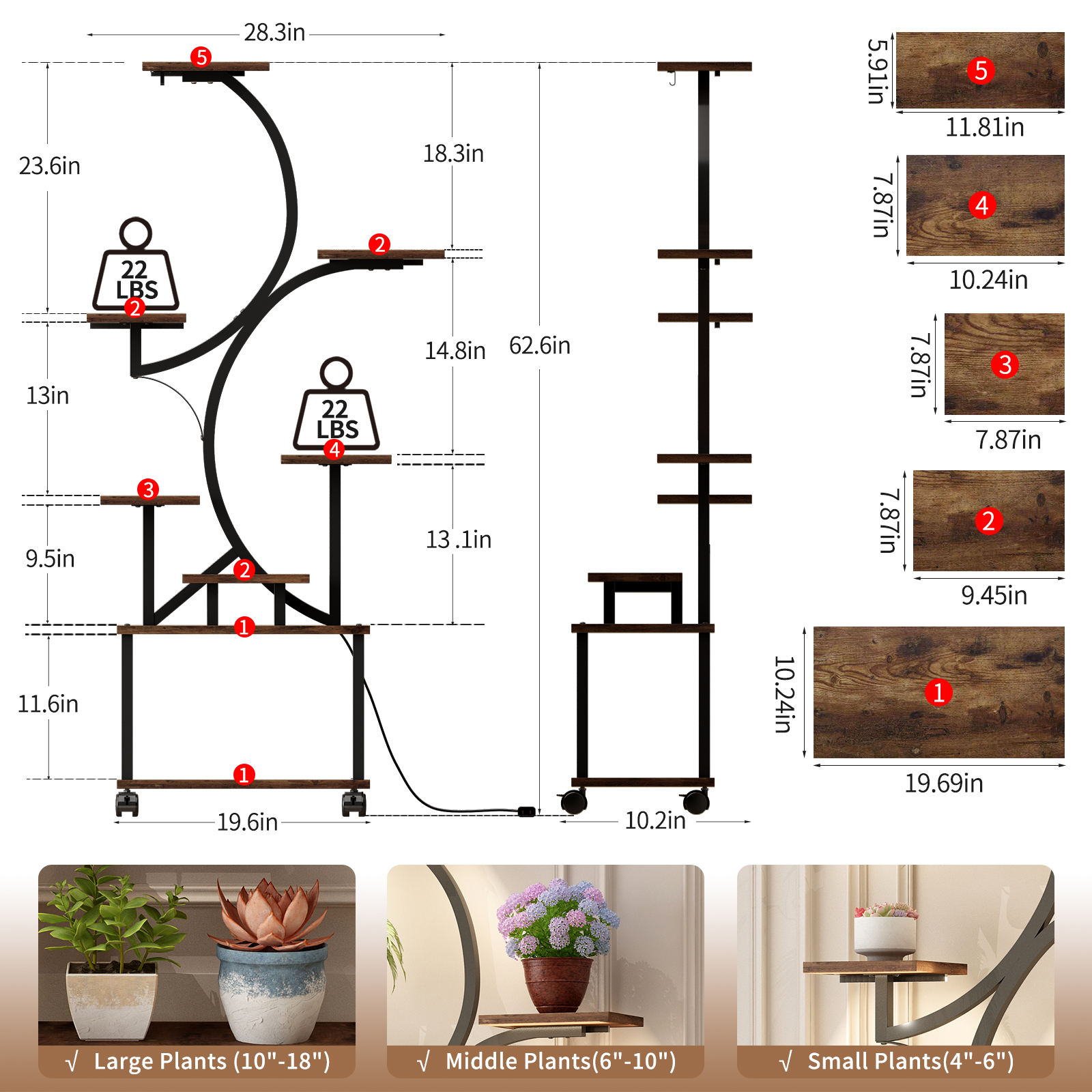 Plant Stand Indoor With Grow Lights - 62 Tall Plant Shelf, Lighted Corner Plant Stands For Indoor Growing, 8 Tiered Large Flower Holder, S-Shaped Decorative Rack For Living Room WALNUT COLOR