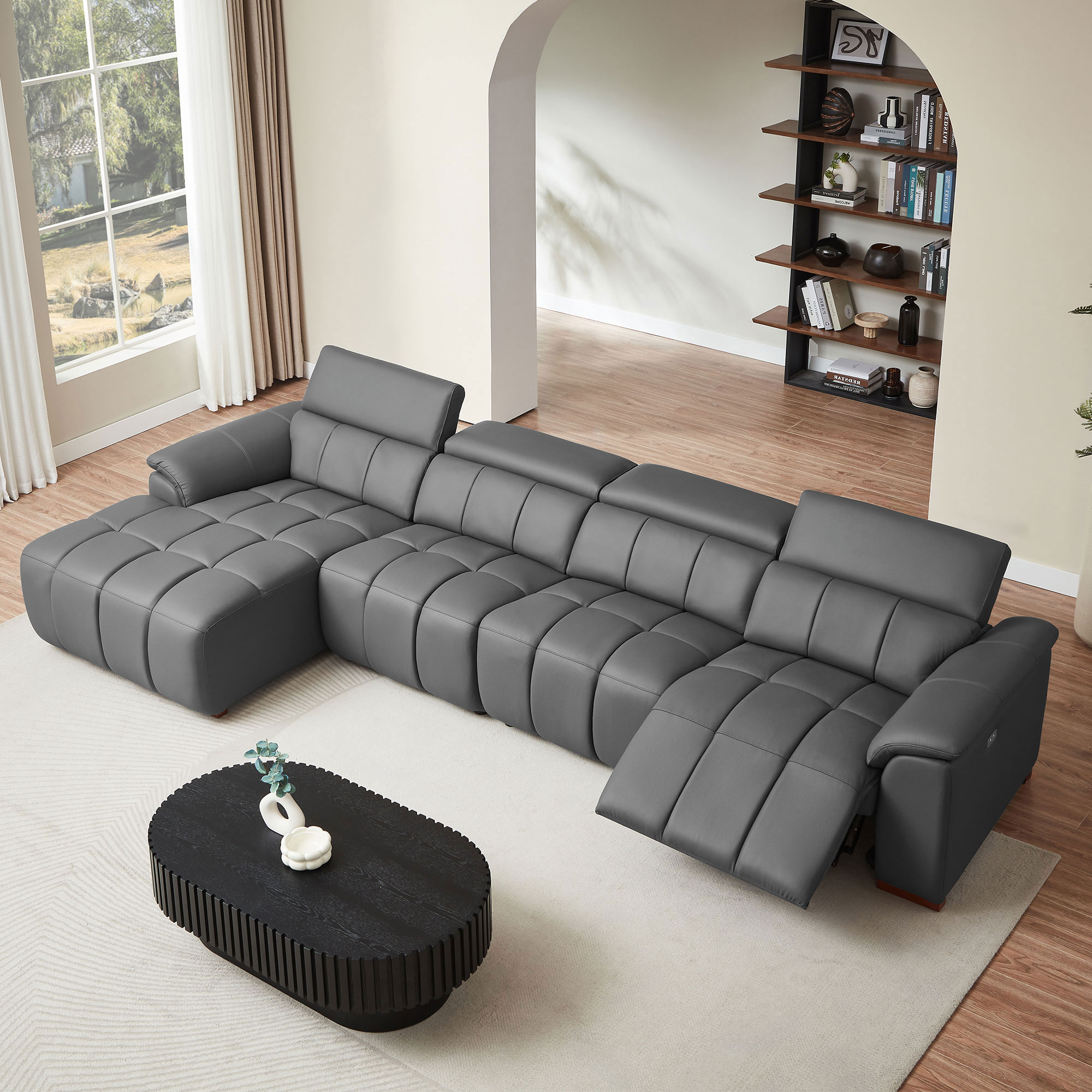 4 Seats Wall-Hugger Reclining Sofa Modern Electric Control Genuine Leather L Shaped Couch,Lounge Seat Theater Seating Furniture With USB Port, Sofa With Headrest & Footrest For Living Room,Apartment
