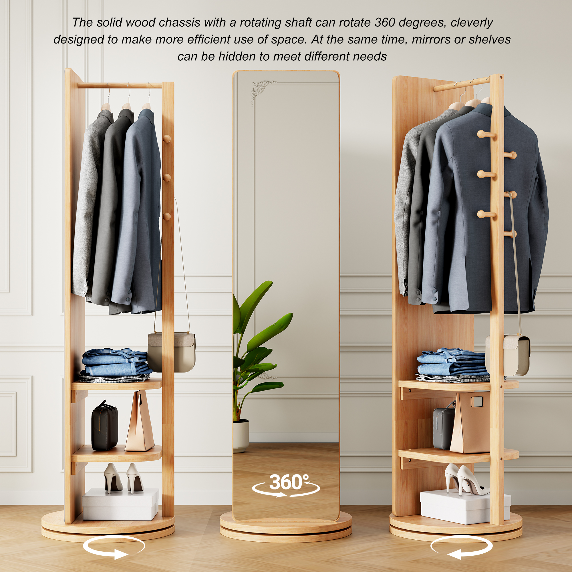 360 Rotating 69x16 Multifunctional Full Length Mirror With Hook Storage Rack Coat Rack With Mirror Solid Wood Floor Mirror Bedroom Living Room Cloakroom Space Saving Natural Wood_voghion.com