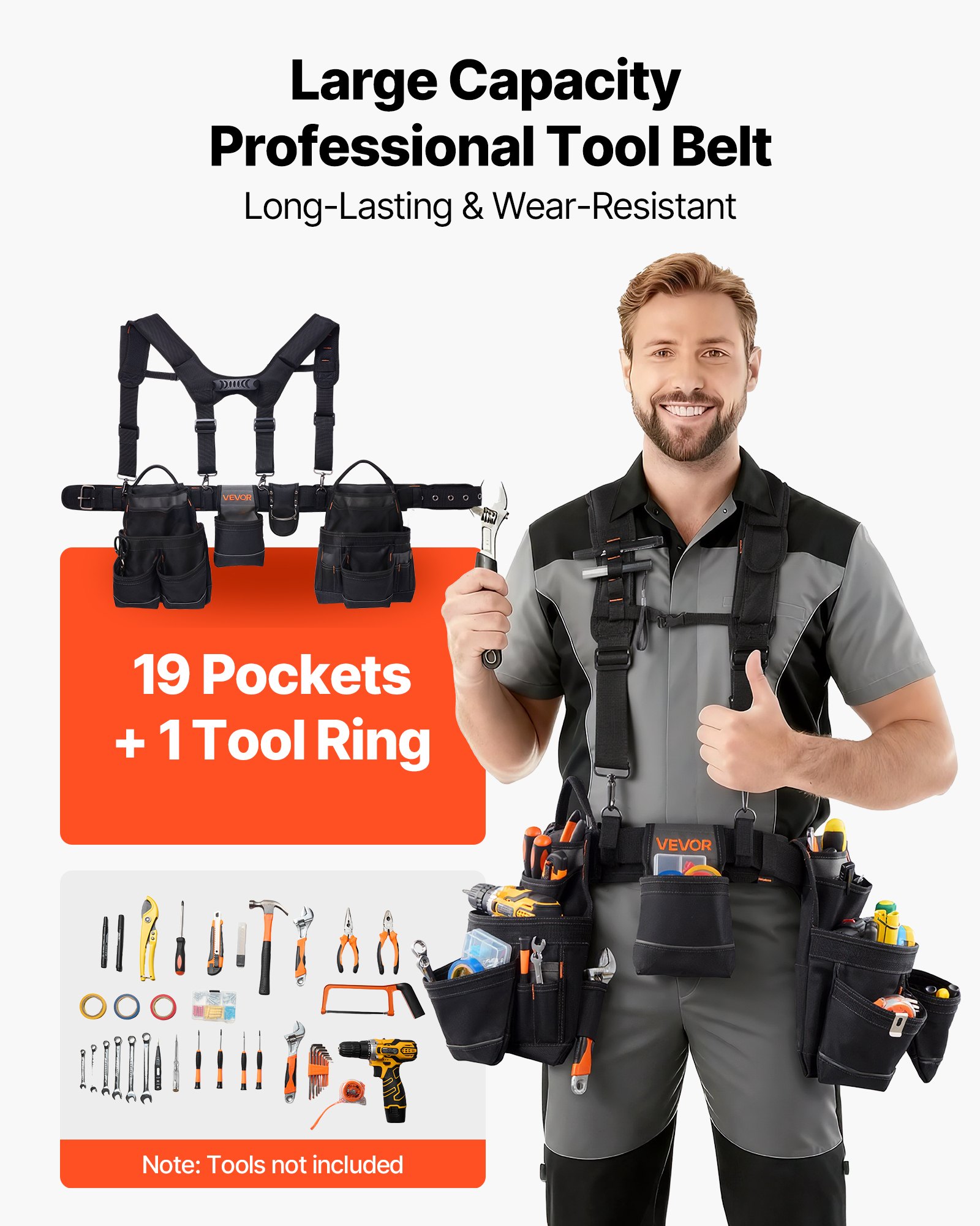 Tool Belt, 19 Pockets Tool Pouch With Suspenders For Men, Heavy Duty Adjustable Utility Belt Work Bag Detachable Suspension Rig For Electrician, Carpenter, Construction, Adjust Waist 31 To 51in