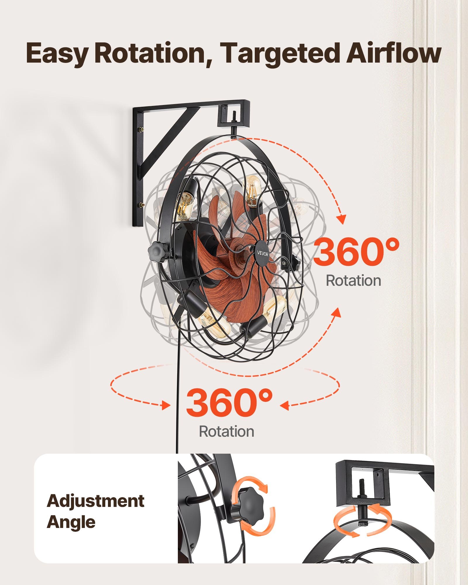 Wall Mounted Fan With Lights, 21 Inch Wall Mount Fan With Remote, 6 Speeds Plug In Wall Fan, Timer, 360°Adjustable Tilt For Bedroom,Garage,Workshop (Compatible 4 E26 Bulb Sockets,No Bulb)