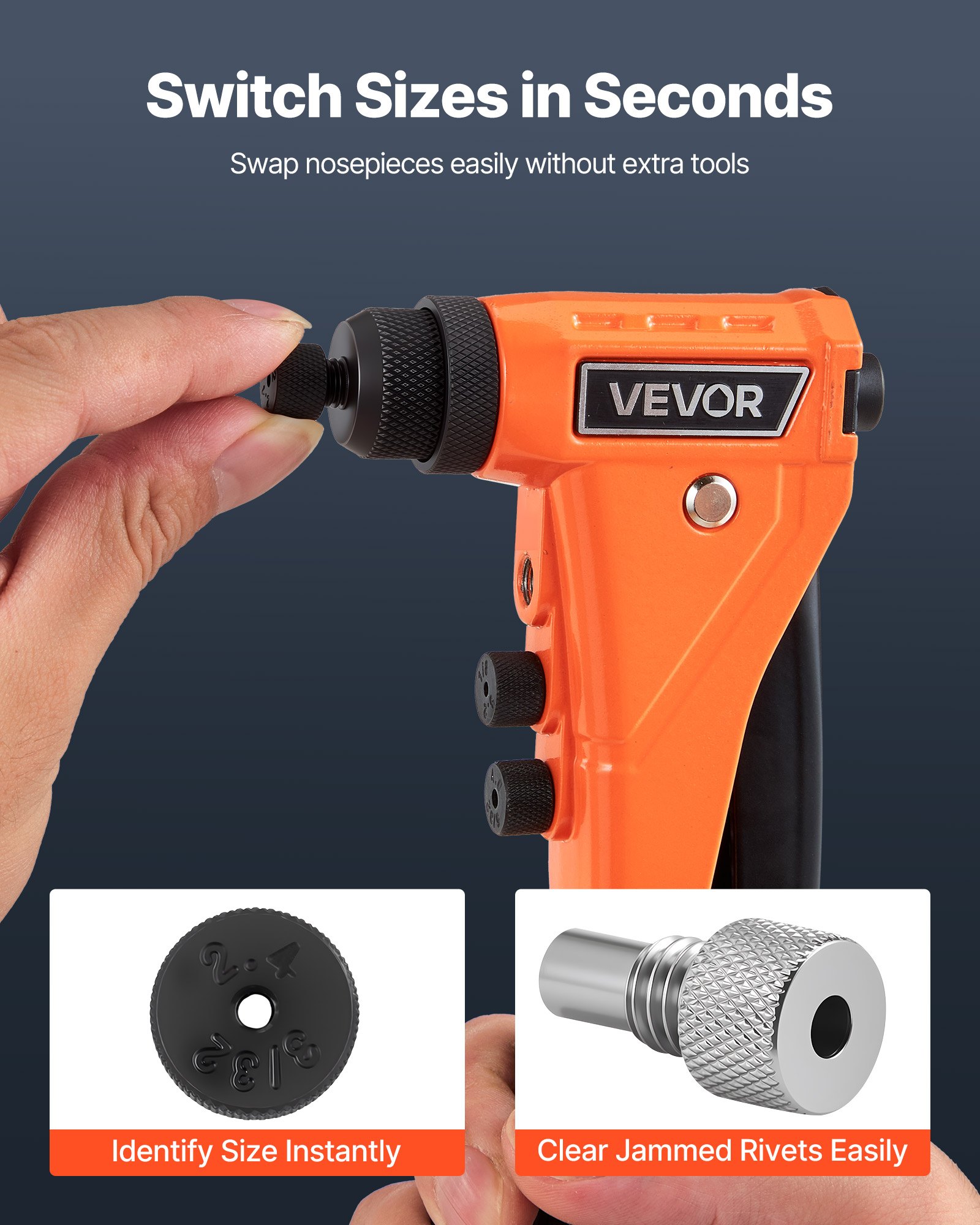 Pop Rivet Gun Kit, With 200 Blind Rivets, Heavy Duty Single Hand Riveter With 4 Interchangeable Nosepieces, 4 Drill Bits, And A Carrying Case, Manual Riveting Tool For Metal, Automotive, Home