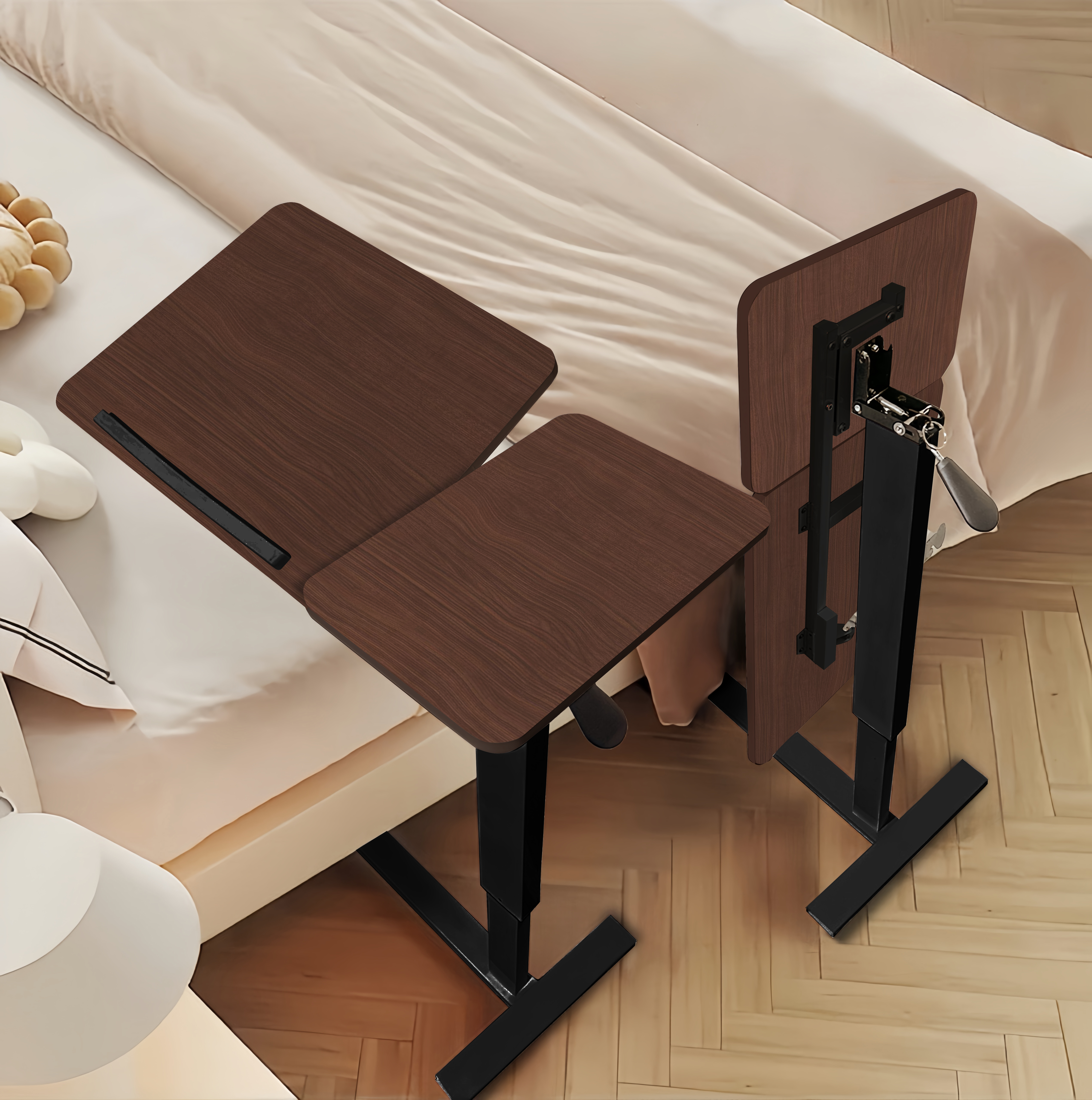 Bedside Table,Folding Overbed Bedside Desk Mobile Rolling Laptop Stand Tilting Overbed Table With Wheels Height Adjustable Tray Table For Laptop Bed Sofa Side Table WALNUT