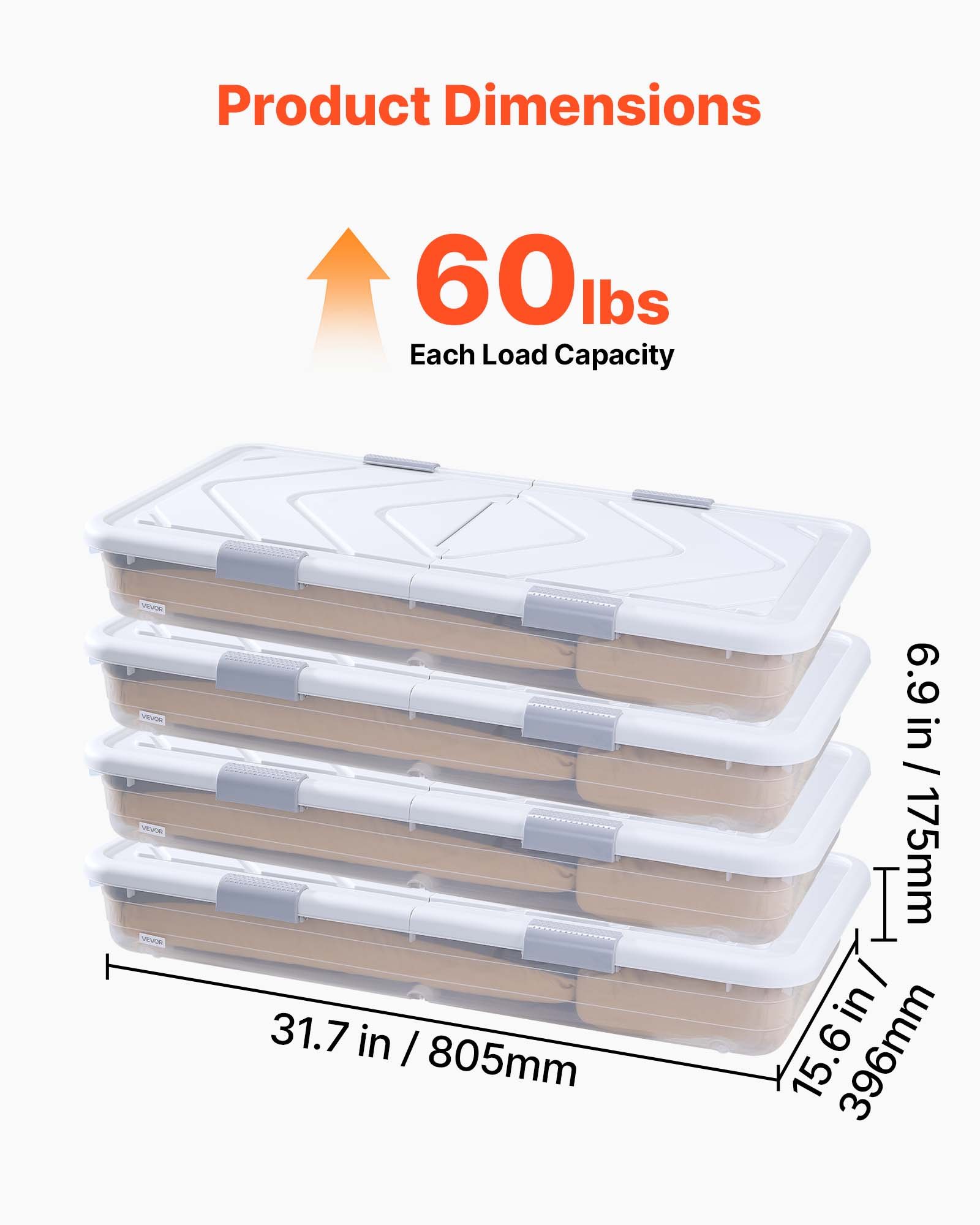 Under Bed Storage With Wheels, 31.7 X 15.6 X 6.9 Inch Underbed Containers, Underbed Shoes Organizer With Lid & Gray Latch, Rolling Under The Bed Storage Bins For Clothes Shoes Blankets, 4 Pack