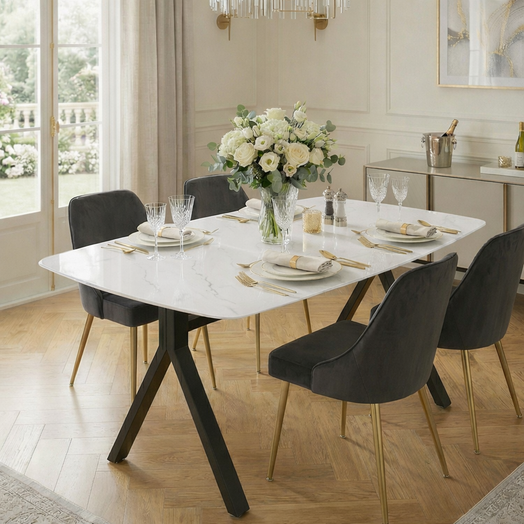 Rectangular Dining Table Featuring A Tempered Glass Tabletop With A Marble-patterned Design And Black Metal Legs, Ideal For Restaurant Dining Settings.