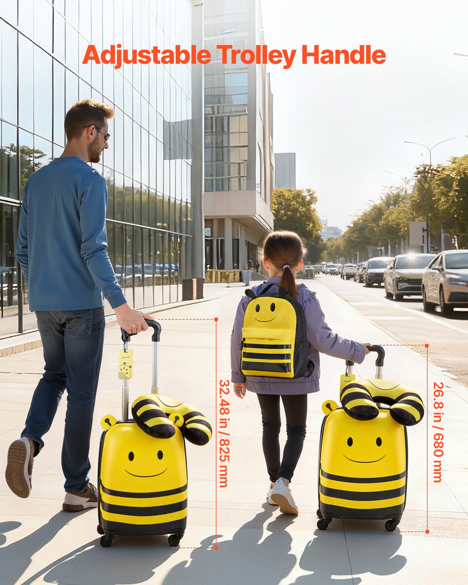 Kids Luggage Set, 5 Piece, 18 Inch Hardside Rolling Wheels Suitcase With Backpack & U-shape Pillow, Bee Kids Carry On Luggage Set, Holiday Birthday Gift For Girls Boys, Airline Approved