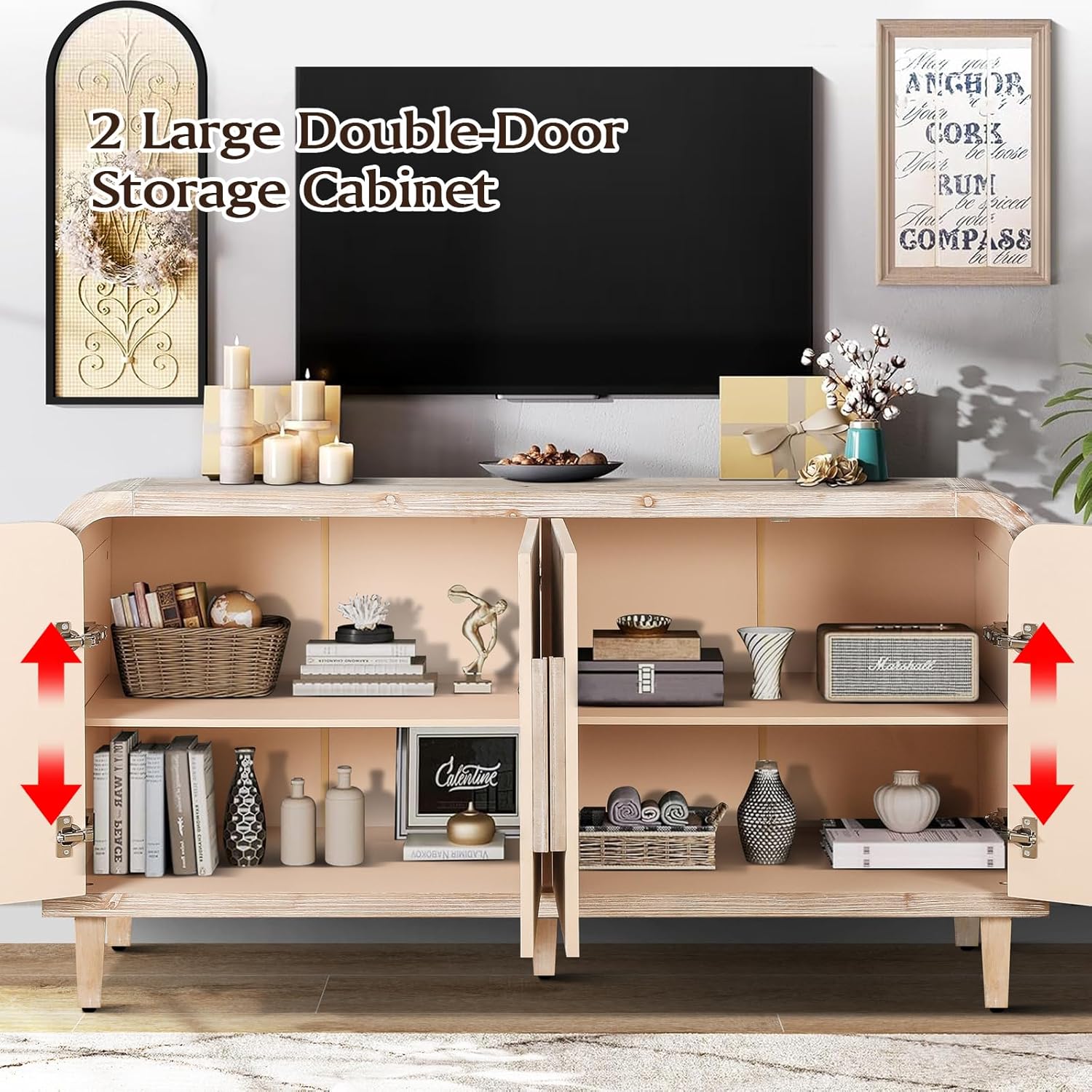 59Farmhouse Curved Vintage Storage Sideboard With Large Wooden Handles, Vertical Wood Grain Carving And Adjustable Shelves For Kitchen,Dining Room Natural Wood Washed
