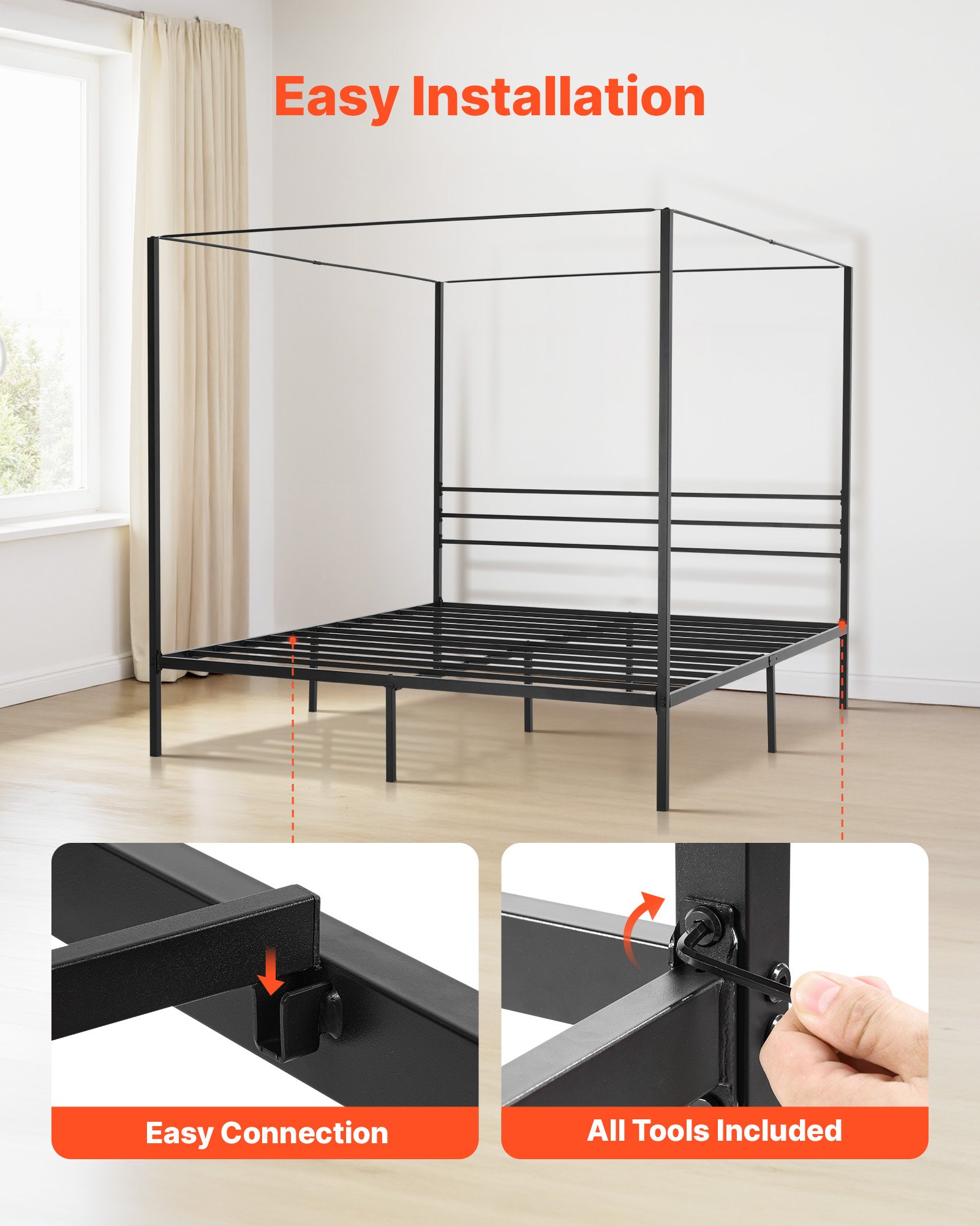 King Size Canopy Bed Frame, Metal Canopy Bed With Four Posters Design, Heavy Duty Steel Slats Support, Underbed Storage Space, No Box Spring Needed, Easy Assembly, Black