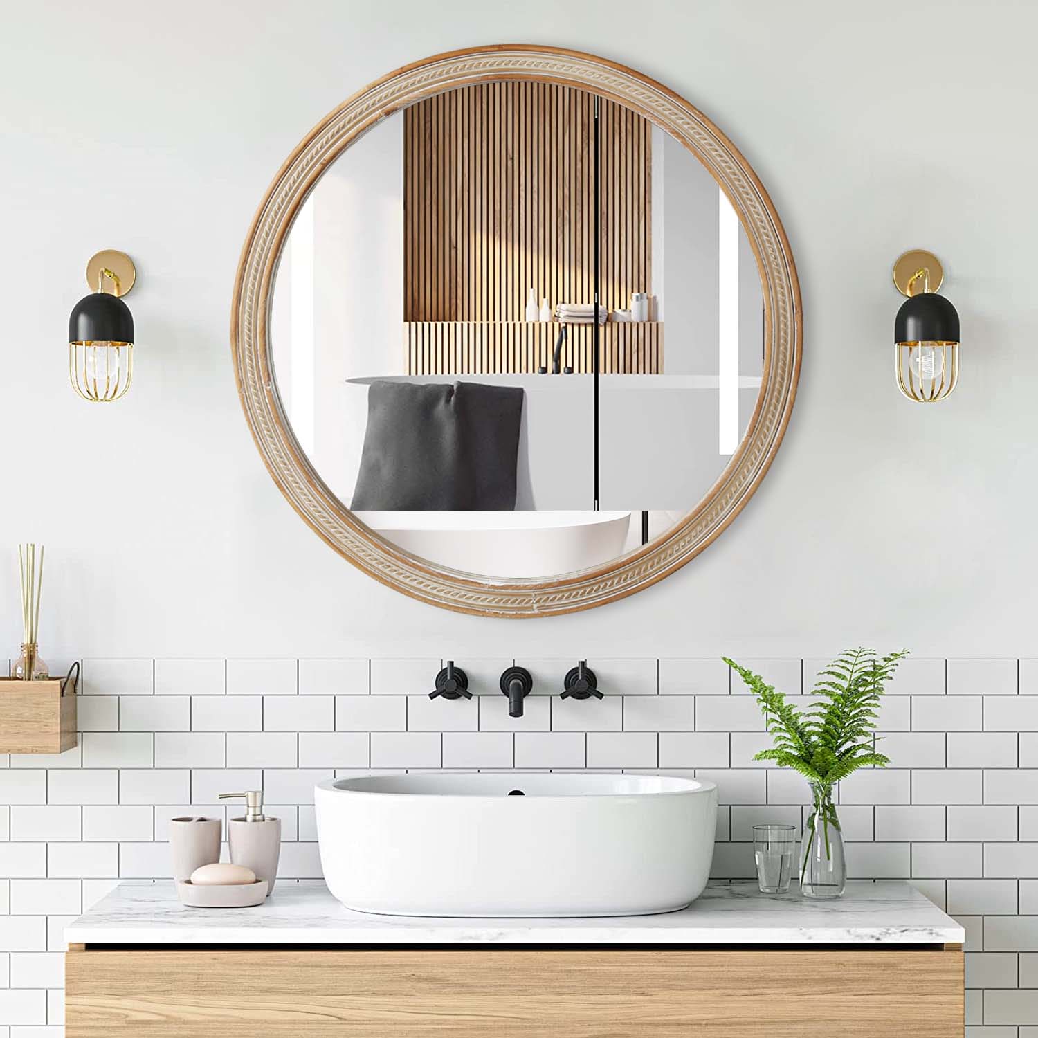 Round Rattan-Textured Wall Mirror, picture 2 of 4