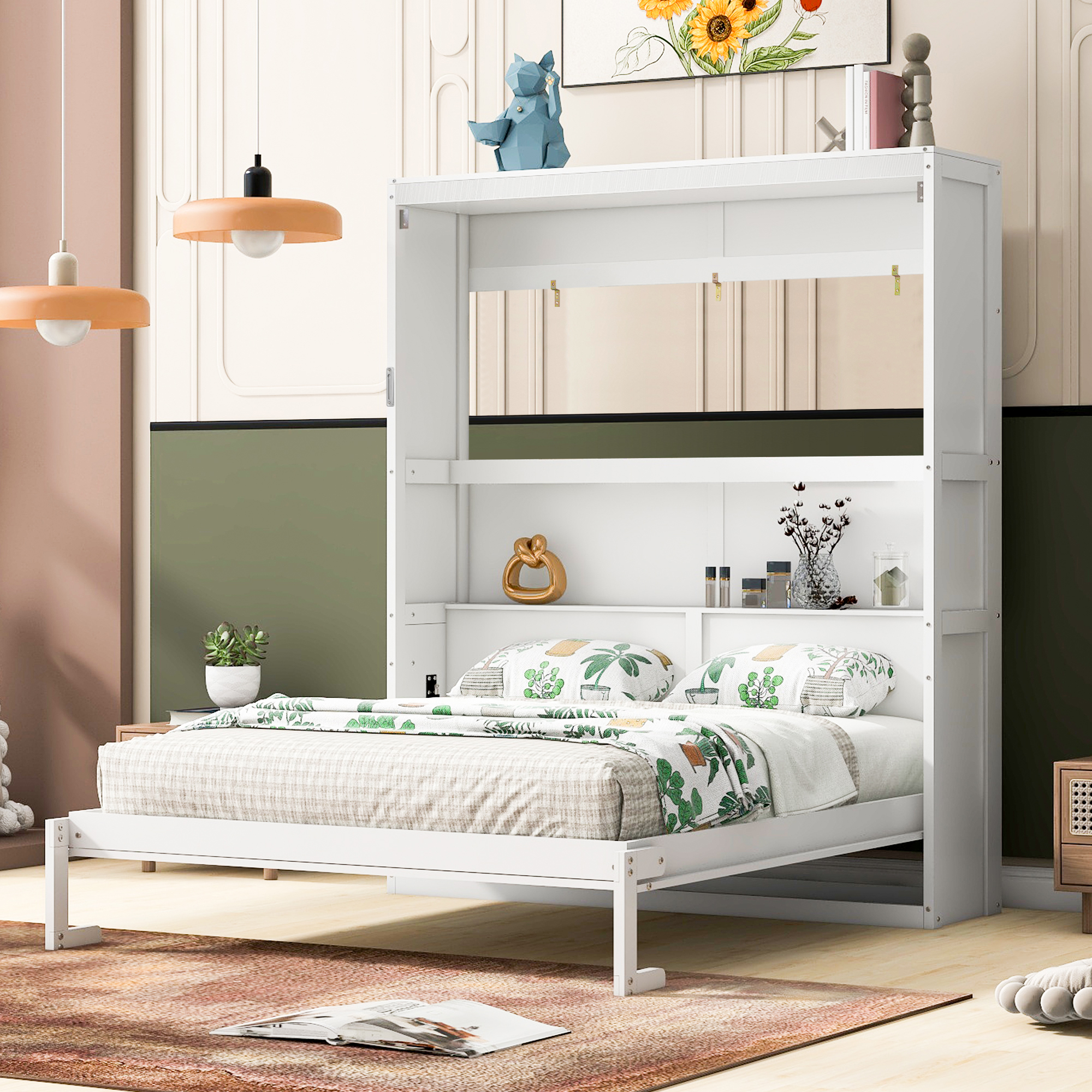Queen Size Murphy Bed Wall Bed With Shelves,White_voghion.com