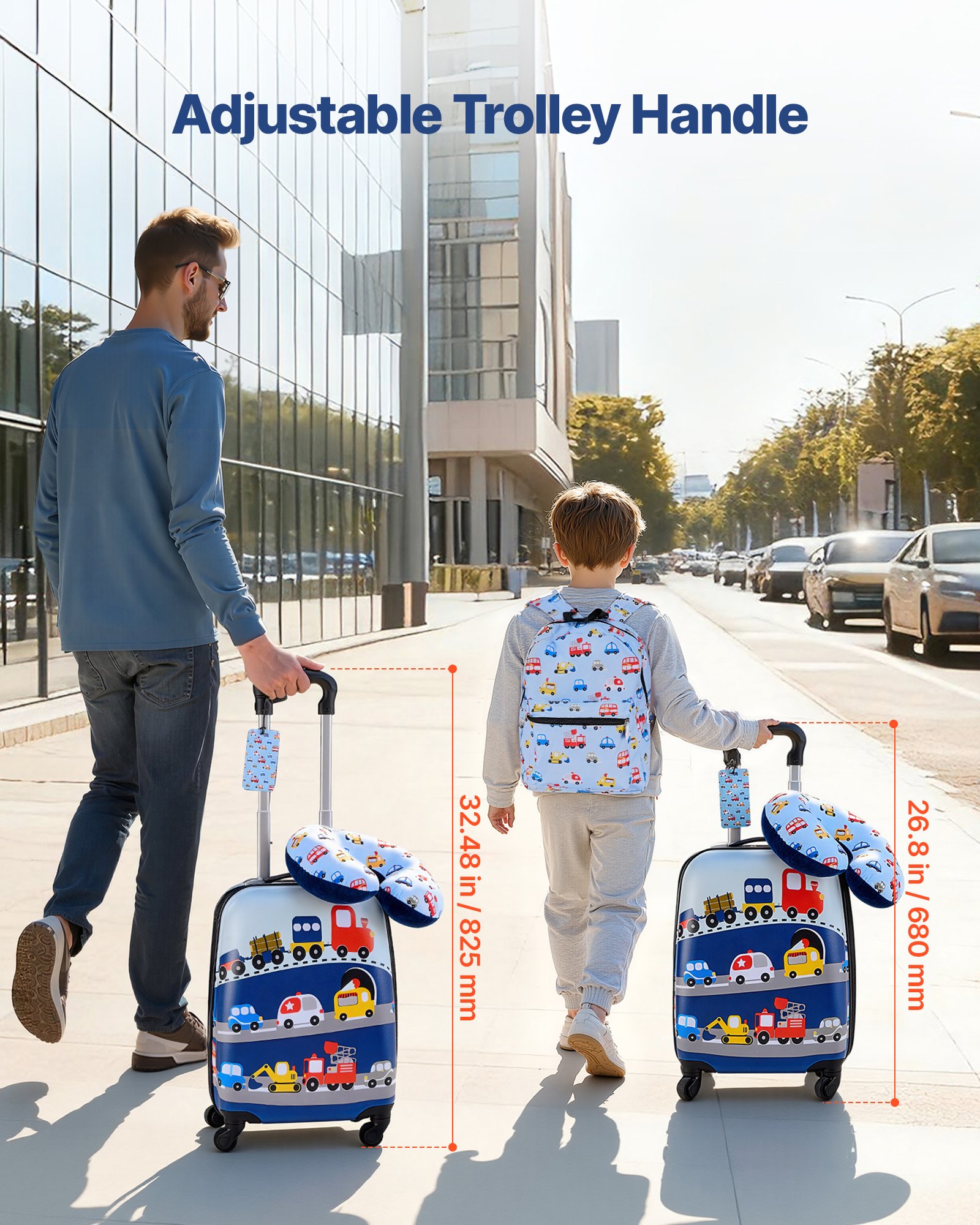 Kids Luggage Set, 5 Piece, 18 Inch Hardside Rolling Wheels Suitcase With Backpack & U-shape Pillow, Truck Kids Carry On Luggage Set, Holiday Birthday Gift For Girls Boys, Airline Approved