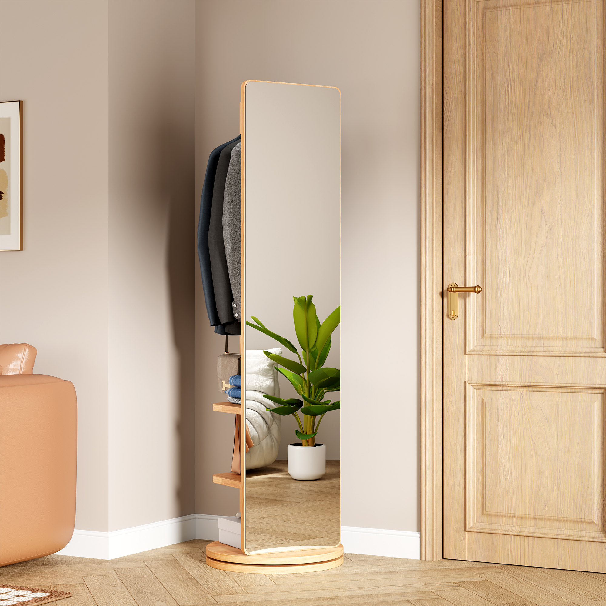 360 Rotating 69x16 Multifunctional Full Length Mirror With Hook Storage Rack Coat Rack With Mirror Solid Wood Floor Mirror Bedroom Living Room Cloakroom Space Saving Natural Wood_voghion.com