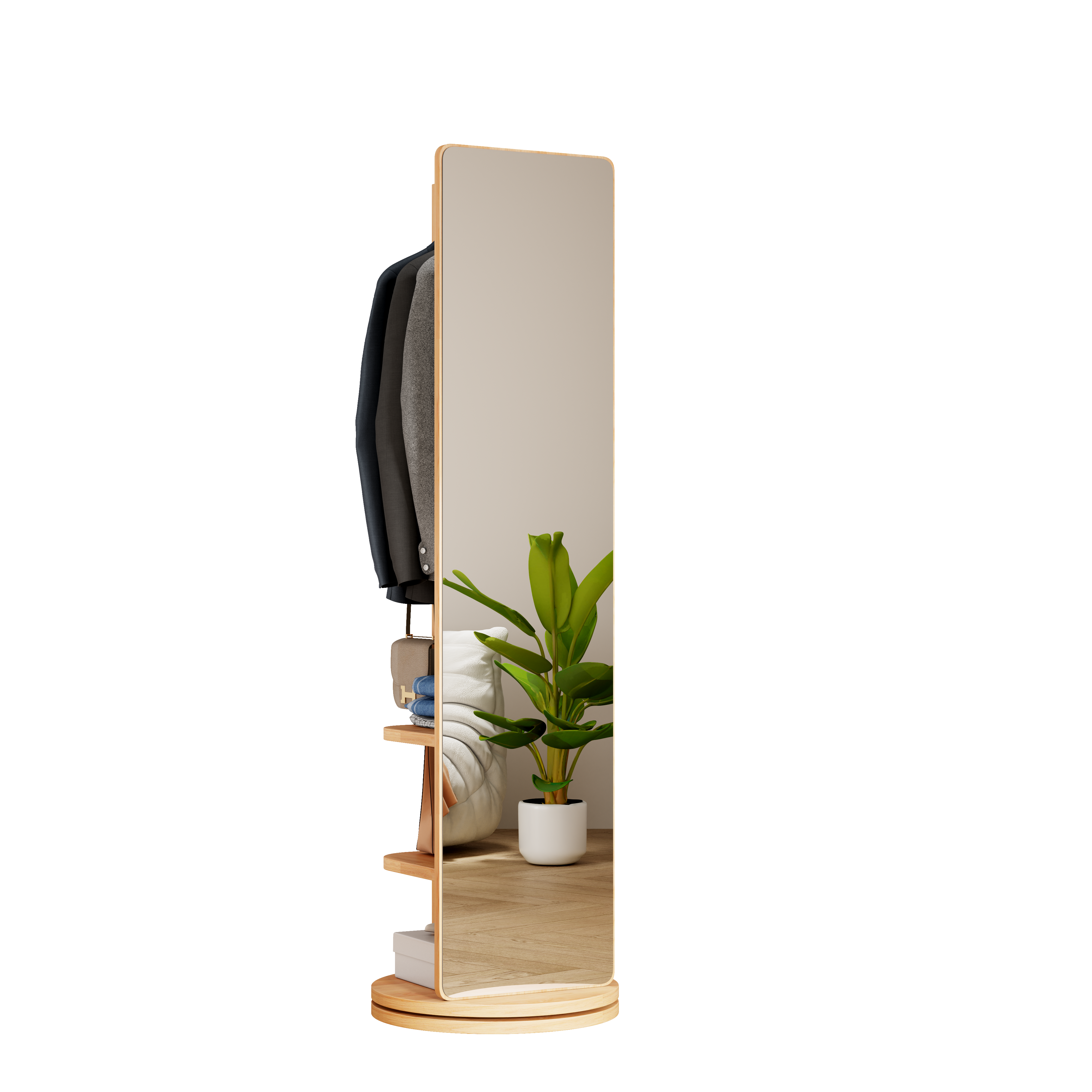 360 Rotating 69x16 Multifunctional Full Length Mirror With Hook Storage Rack Coat Rack With Mirror Solid Wood Floor Mirror Bedroom Living Room Cloakroom Space Saving Natural Wood_voghion.com