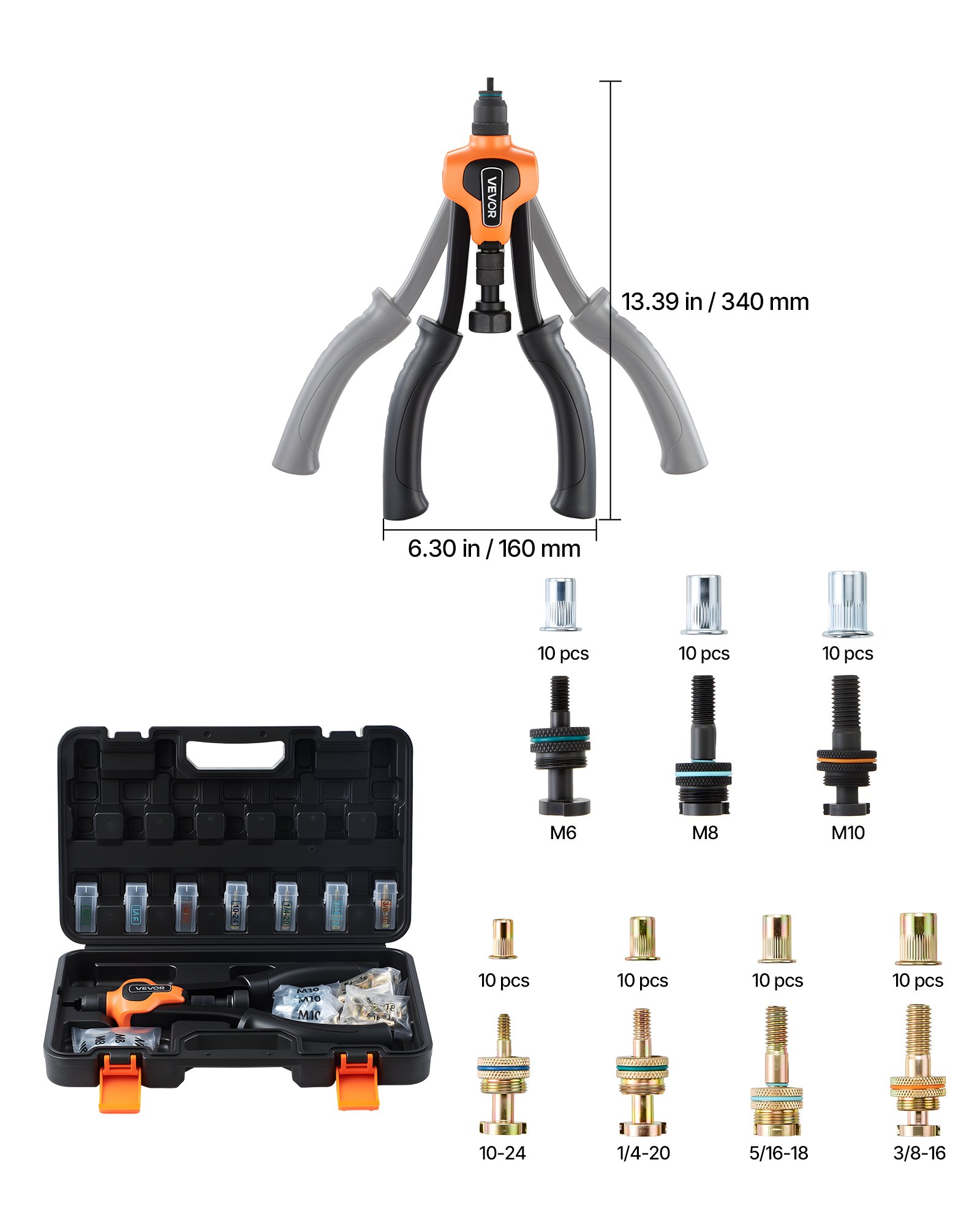 Rivet Nut Tool Kit, 14-Inch Two-Handed Rivnut Tool Kit, With 7 Mandrels And 70 Nuts, Metric And SAE Size M6, M8, M10, 10-24, 1/4-20, 5/16-18, 3/8-16 UNC, With A Carrying Case, For Home, Auto