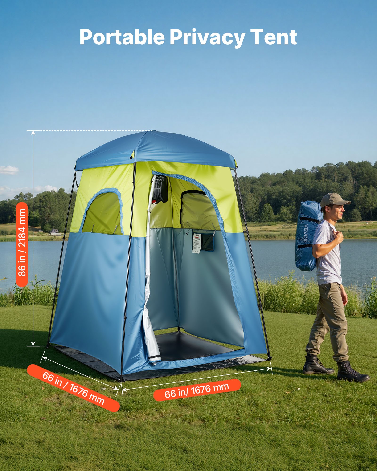 Camping Shower Tent, 1 Room, Portable Privacy Tent Changing Room With Shower Bag, Ground Stakes, Ropes, Carry Bag, And Support Poles, 150D Oxford Fabric With Silver Coating, For Camping, Fishing