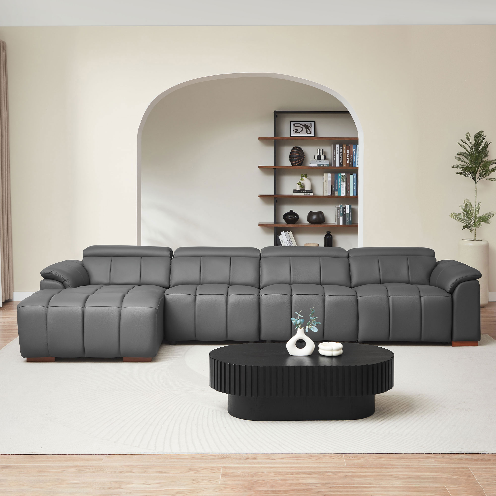 4 Seats Wall-Hugger Reclining Sofa Modern Electric Control Genuine Leather L Shaped Couch,Lounge Seat Theater Seating Furniture With USB Port, Sofa With Headrest & Footrest For Living Room,Apartment