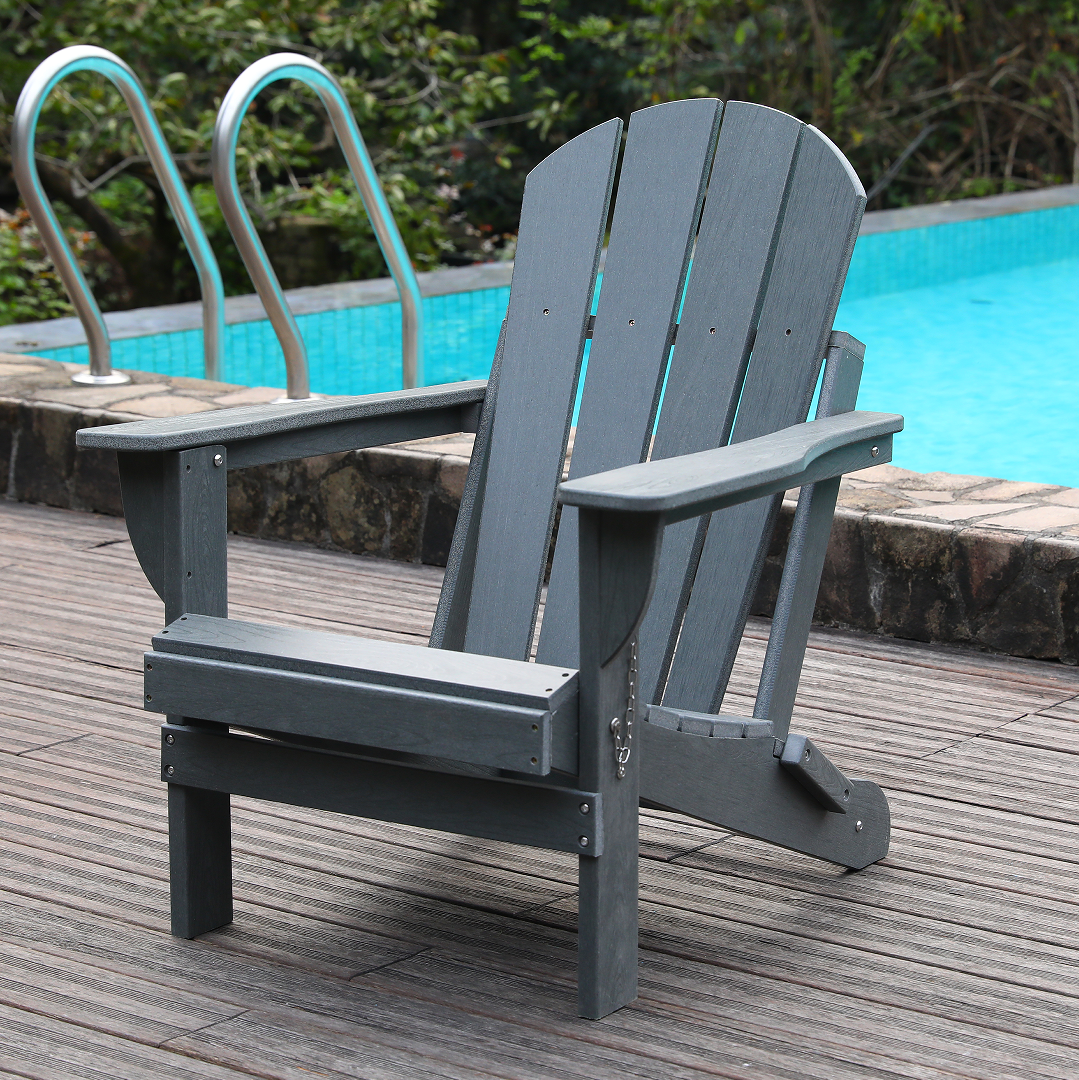 Adirondack Folding Chair With Dual Cup Holders - HDPE All-Weather Outdoor Chairs, Wood-Like Patio Chair For Backyard, Camping, Garden, Pool & Fire Pit, Grey