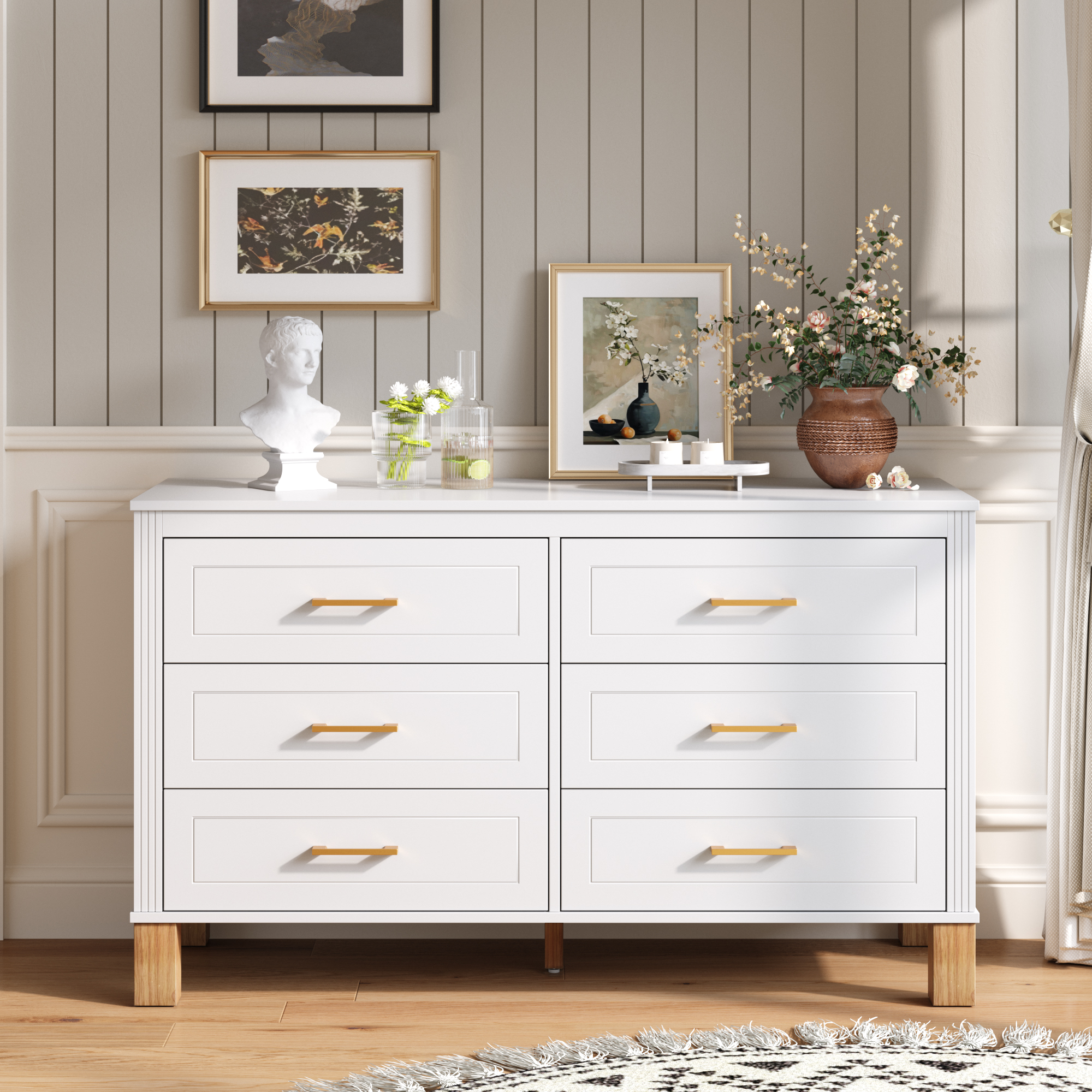 6-Drawer Double Dresser In White, Modern Storage Cabinet With Metal Handles & Solid Wood Legs, Dresser Drawer Organizer For Kids Bedroom, Heavy-Duty Wooden Dresser With Pre-Installed - Image 1