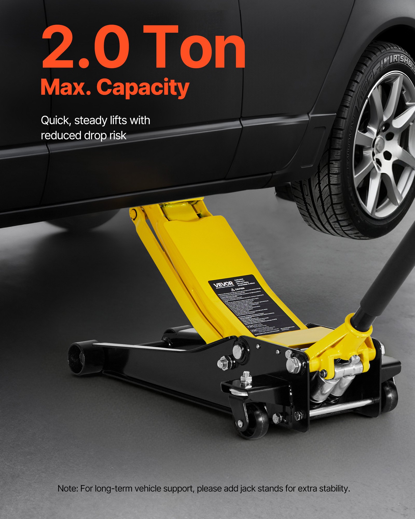 Low Profile Floor Jack, 2 Ton (4400 Lbs) Capacity, Steel Racing Floor Jack With Dual Pistons Quick Lift Pump, Hydraulic Trolley Car Lift For Sports Cars, Sedans, Lifting Range 2.95-19.9 Inches