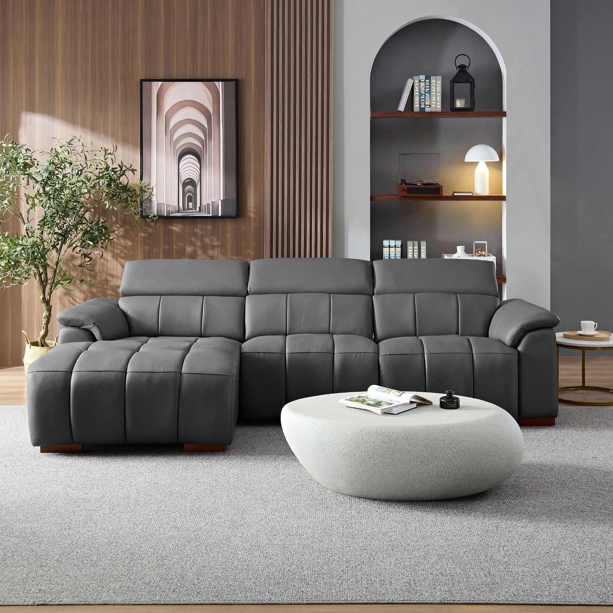 Wall-Hugger Reclining Sofa Modern Electric Control Genuine Leather L Shaped Couch,Lounge Seat Theater Seating Furniture With USB Port, Sofa With Headrest & Footrest For Living Room,Apartment,Office