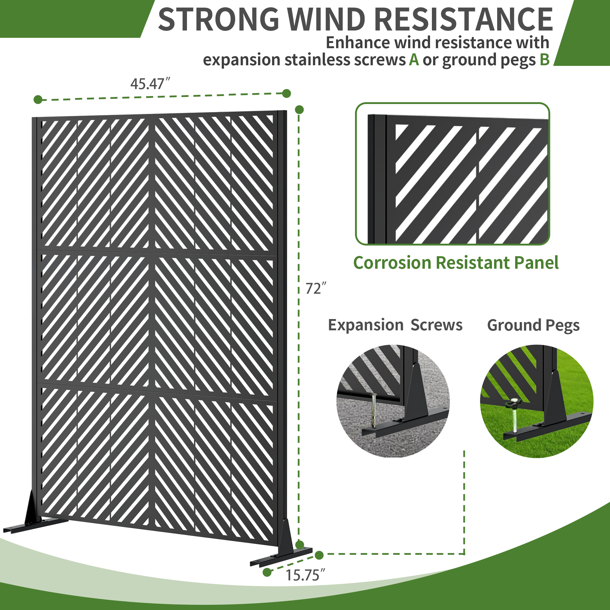 Metal Privacy Screen For Outdoor Freestanding, 72 H X 46 W Decorative Metal Fence Panels With Stable Base, Portable Divider Screens For Patio, Deck, Balcony, Backyard, Garden