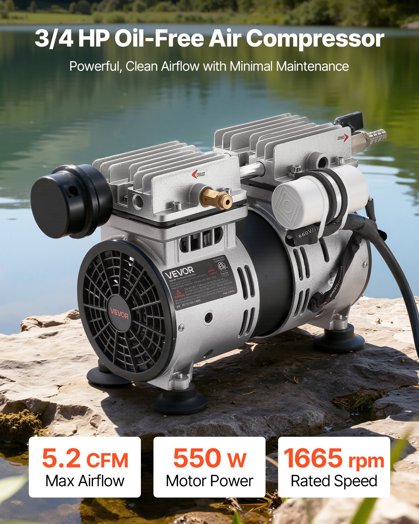 Pond Aerator,5.2CFM 3/4 HP Air Compressor, Lake Aerator For Ponds Up To 3 Acres, Overheat Protection & Anti-Backflow Valve, 550W Powerful Motor, Pond Aeration Pump For Water Oxygen Circulation