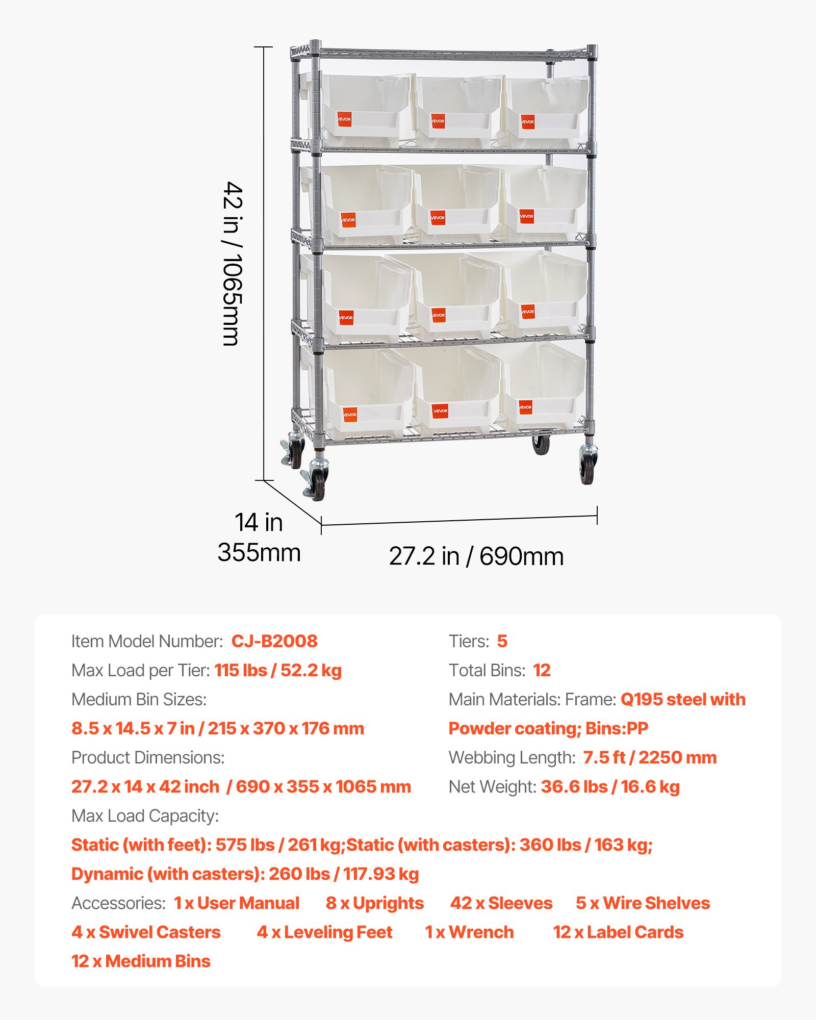 5-Tier Rolling Bin Storage Rack, 12 Organizer Bins, Bin Rack Storage Steel Wire Shelving System With Wheels, Mobile Tool Organizer For Garage, Warehouse, Office, Restaurant, Classroom, Kitchen