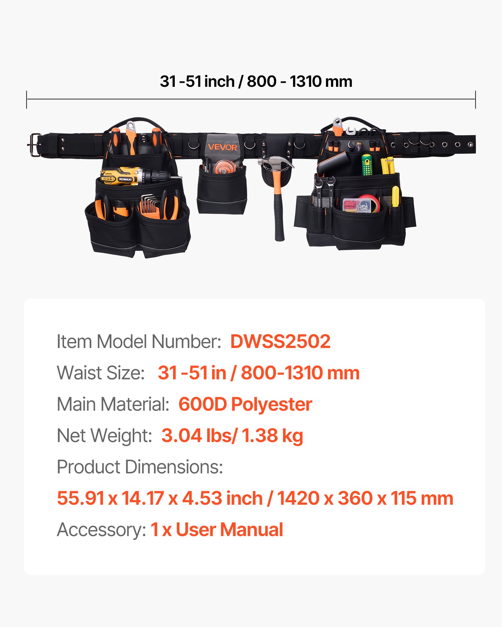 Tool Belt, 18 Pockets Professional Tool Pouch For Men, Heavy Duty Adjustable Utility Belt Detachable Work Bag For Electrician, Carpenter, Construction, Work Apron Organizer, Adjusts 31in To 51in - Image 1