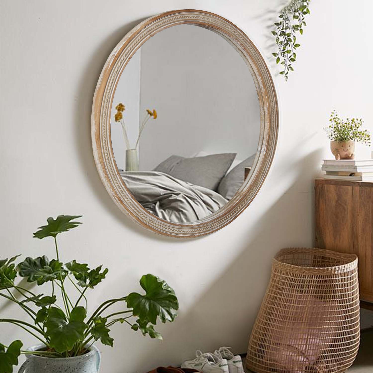 Round Rattan-Textured Wall Mirror