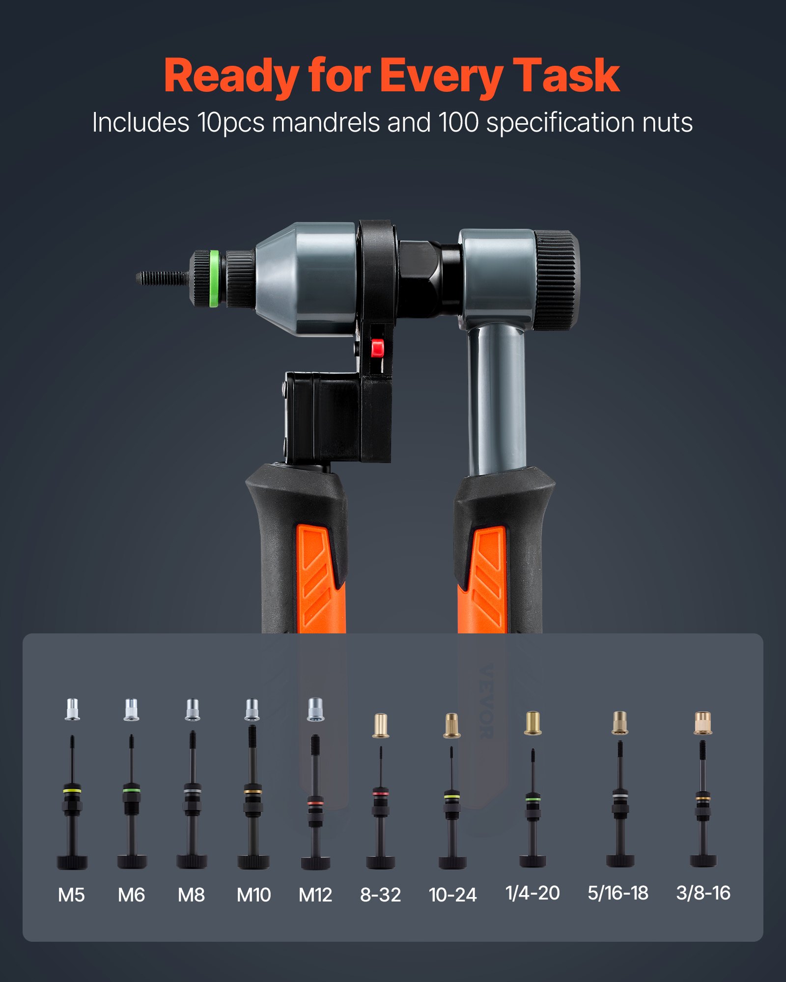 Rivet Nut Tool Kit, 9-Inch Ratchet Rivnut Tool Kit, With 10 Mandrels And 100 Nuts, Metric And SAE Size M5, M6, M8, M10, M12, 8-32, 10-24, 1/4-20, 5/16-18, 3/8-16 UNC, With A Rugged Carrying Case